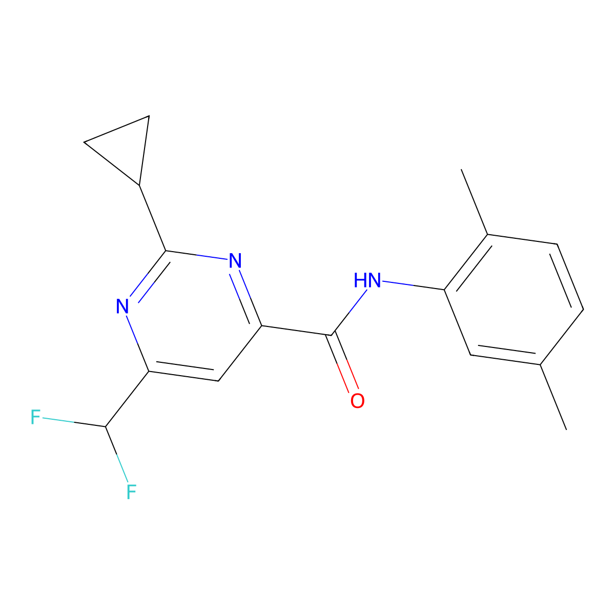 2-cyclopropyl-6-(difluoromethyl)-N-(2,5-dimethylphenyl)pyrimidine-4-carboxamide molecular structure, CAS 2770586-12-2