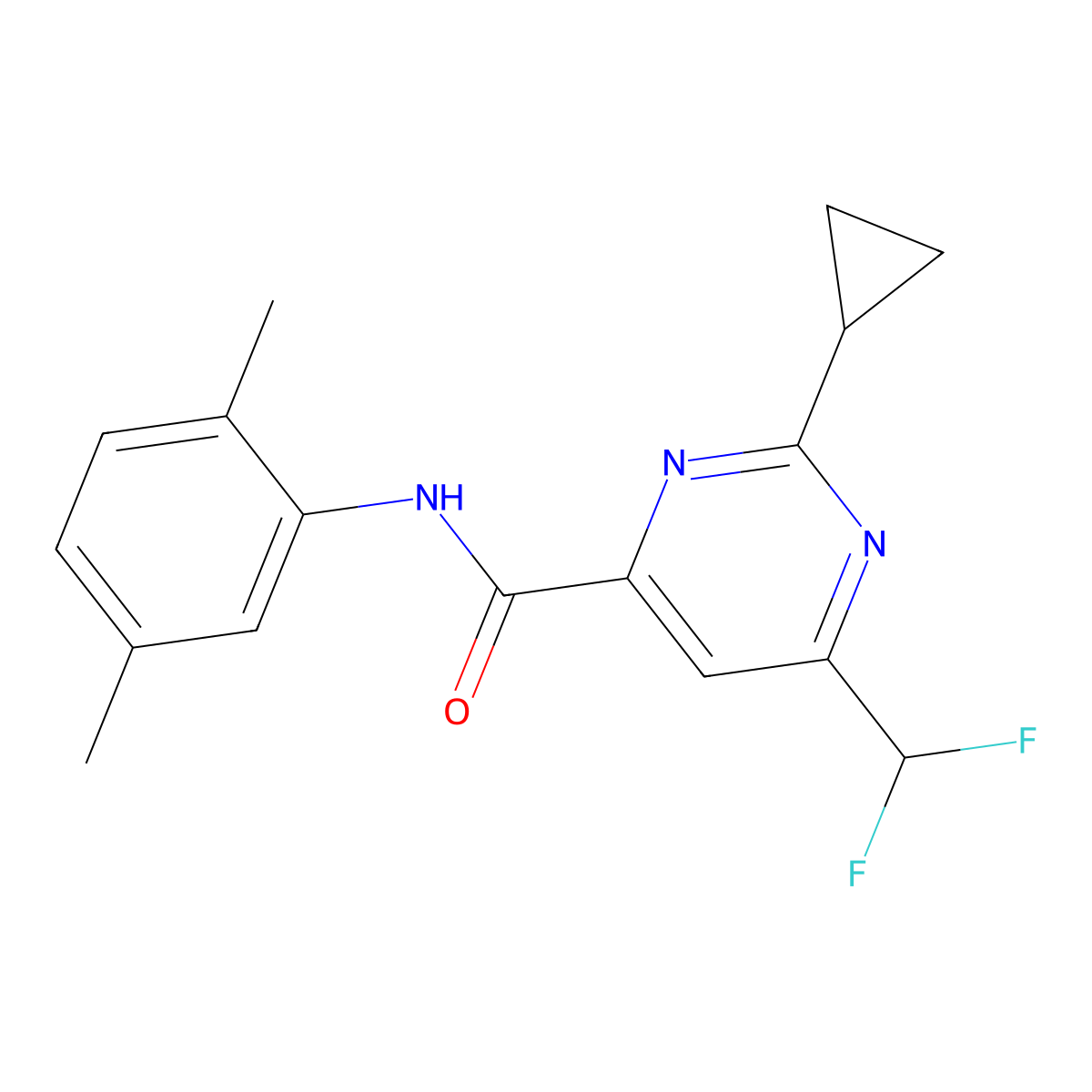 2-cyclopropyl-6-(difluoromethyl)-N-(2,5-dimethylphenyl)pyrimidine-4-carboxamide molecular structure, CAS 2770586-12-2