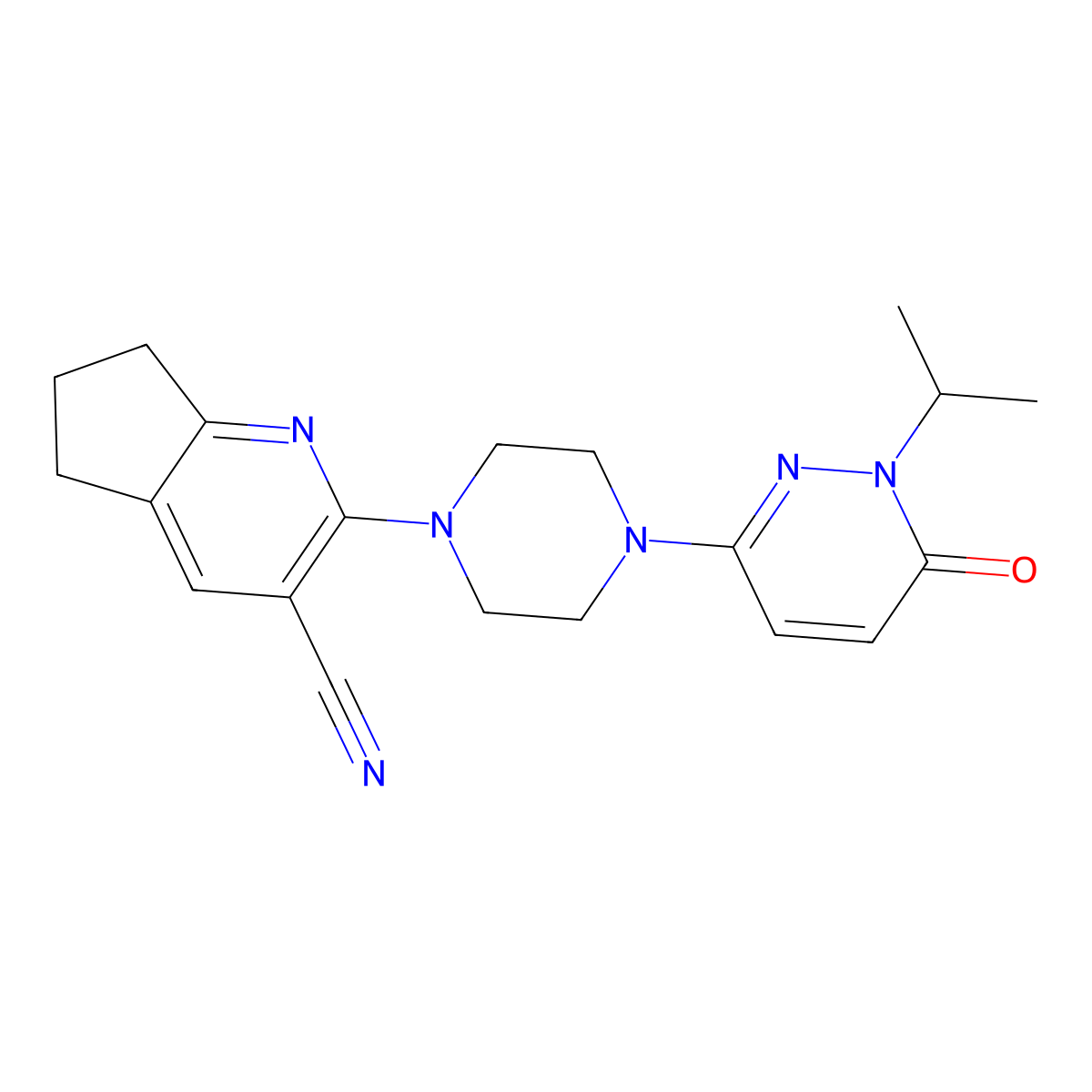 2-{4-[6-oxo-1-(propan-2-yl)-1,6-dihydropyridazin-3-yl]piperazin-1-yl}-5H,6H,7H-cyclopenta[b]pyridine-3-carbonitrile molecular structure, CAS 2770586-22-4