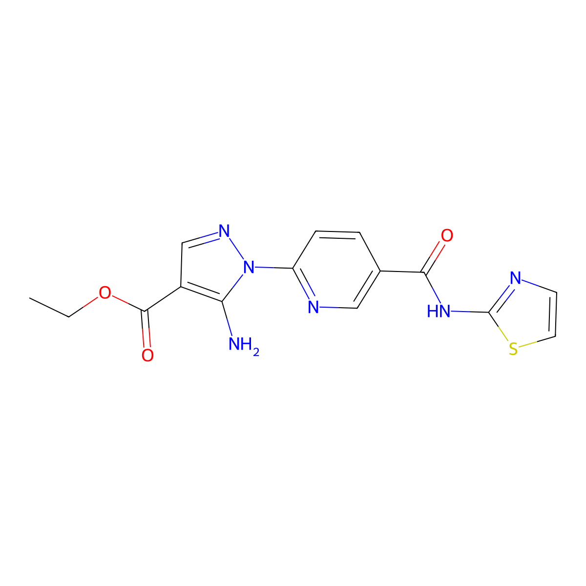 ethyl 5-amino-1-{5-[(1,3-thiazol-2-yl)carbamoyl]pyridin-2-yl}-1H-pyrazole-4-carboxylate molecular structure, CAS 2770586-34-8