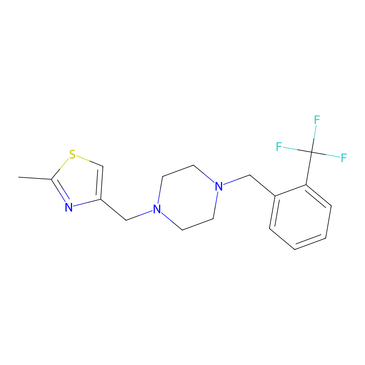 1-[(2-Methyl-1,3-thiazol-4-yl)methyl]-4-{[2-(trifluoromethyl)phenyl]methyl}piperazine molecular structure, CAS 2770586-36-0