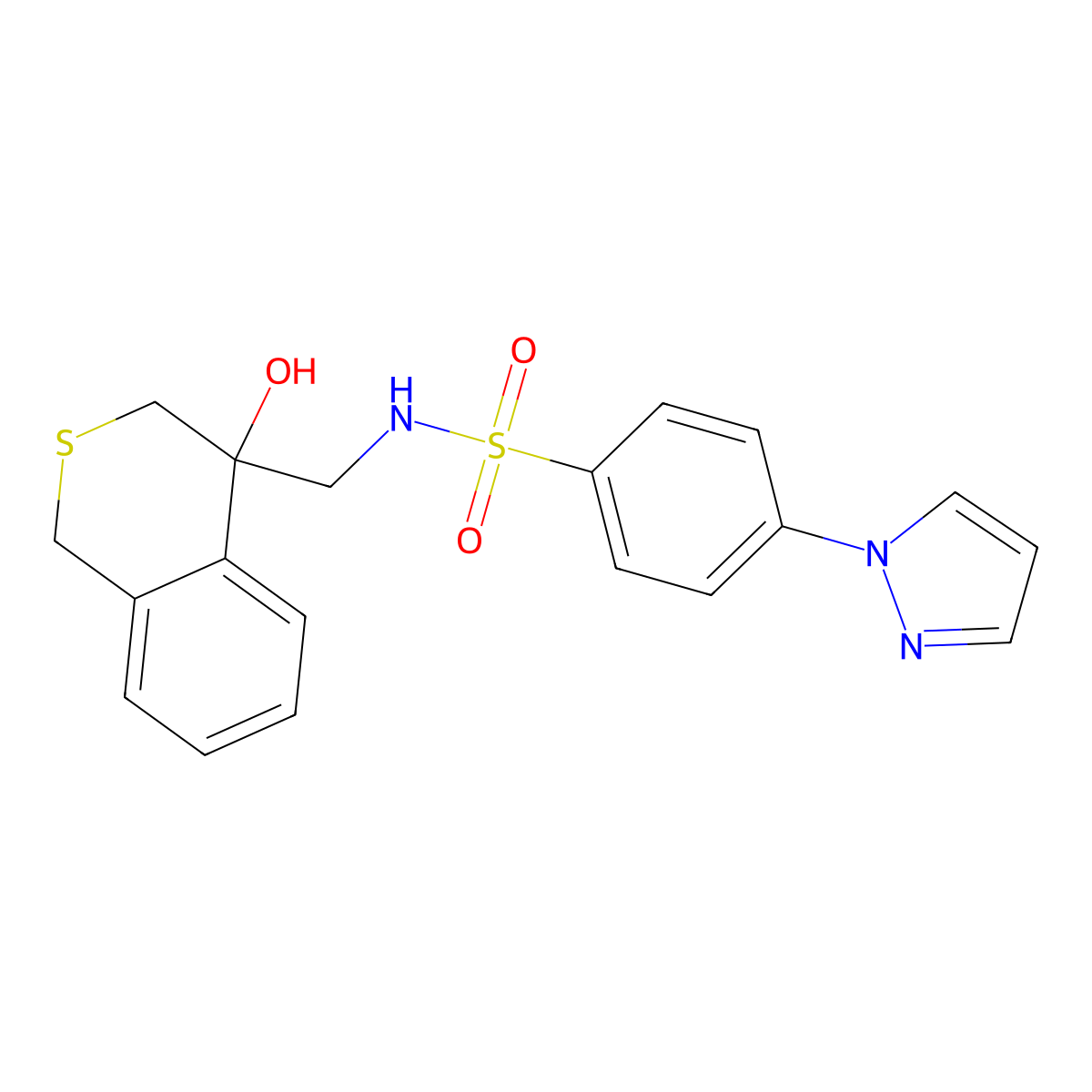N-[(4-hydroxy-3,4-dihydro-1H-2-benzothiopyran-4-yl)methyl]-4-(1H-pyrazol-1-yl)benzene-1-sulfonamide molecular structure, CAS 2770586-37-1