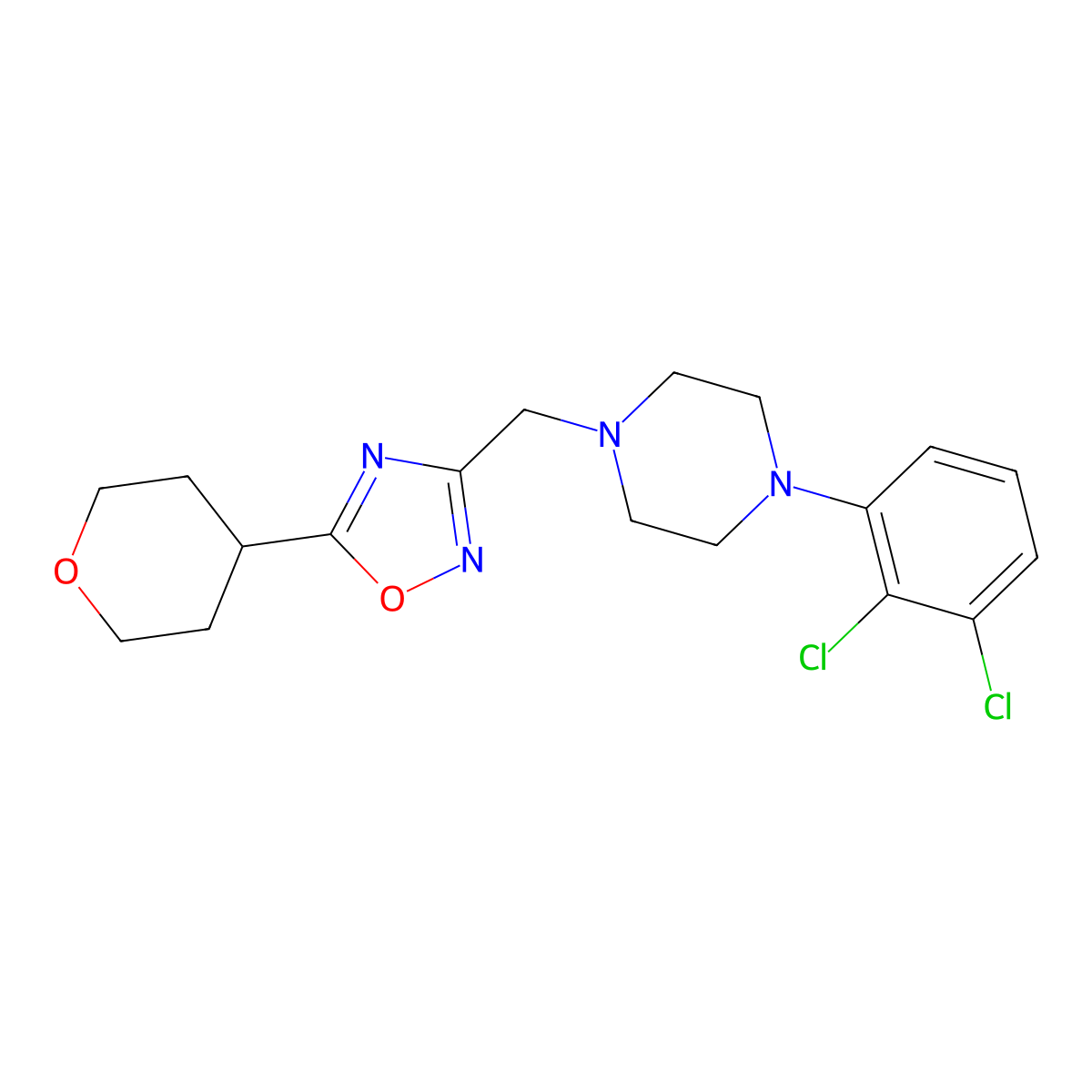 1-(2,3-Dichlorophenyl)-4-{[5-(oxan-4-yl)-1,2,4-oxadiazol-3-yl]methyl}piperazine molecular structure, CAS 2770586-44-0
