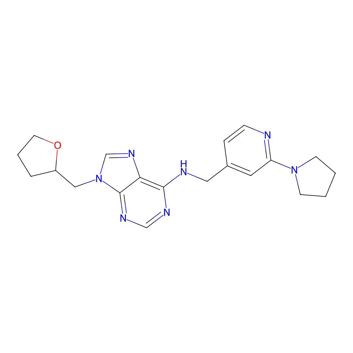 9-[(oxolan-2-yl)methyl]-N-{[2-(pyrrolidin-1-yl)pyridin-4-yl]methyl}-9H-purin-6-amine molecular structure, CAS 2770586-50-8
