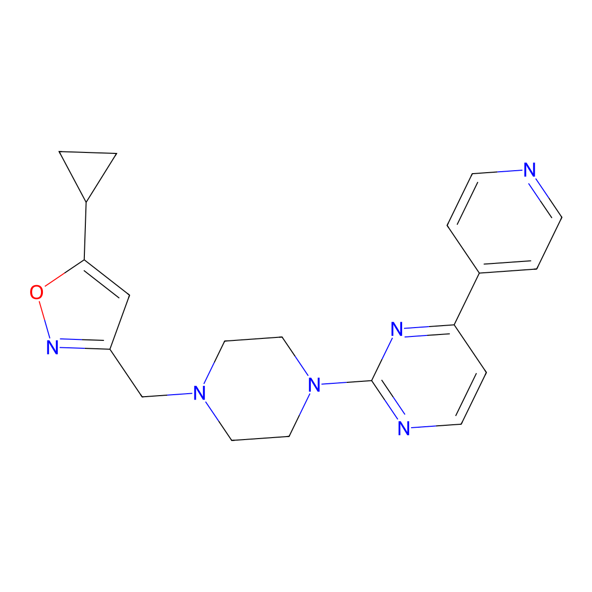 2-{4-[(5-Cyclopropyl-1,2-oxazol-3-yl)methyl]piperazin-1-yl}-4-(pyridin-4-yl)pyrimidine molecular structure, CAS 2770586-57-5