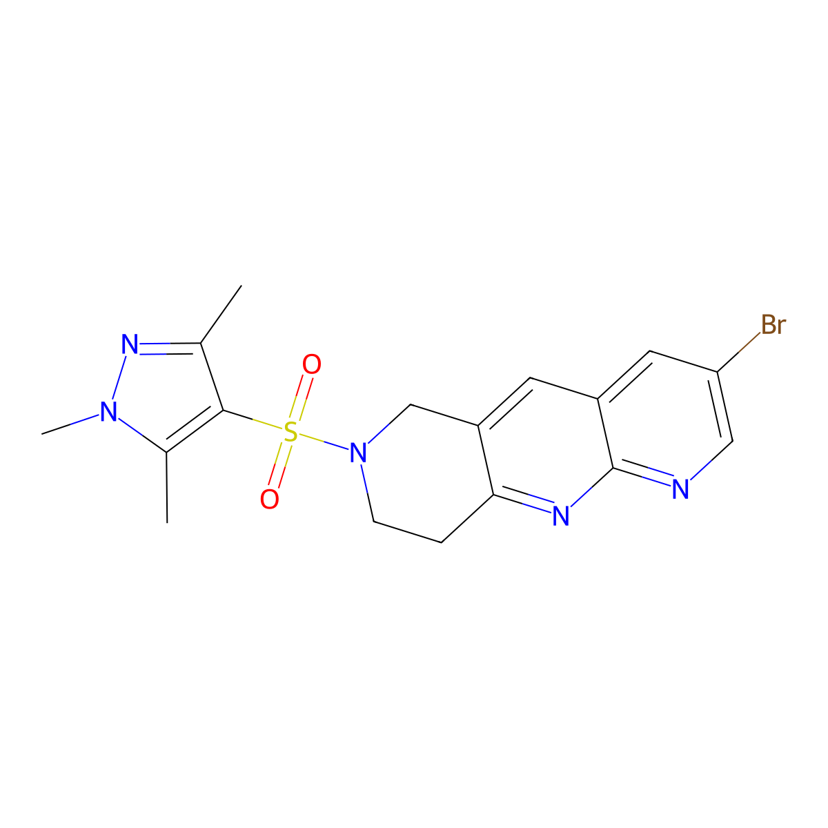 4-({3-bromo-6H,7H,8H,9H-pyrido[2,3-b]1,6-naphthyridin-7-yl}sulfonyl)-1,3,5-trimethyl-1H-pyrazole molecular structure, CAS 2770586-59-7