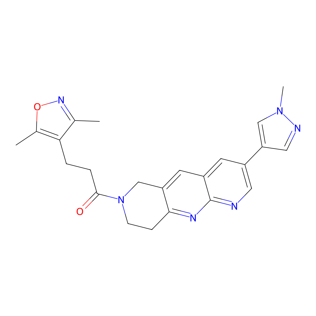 3-(3,5-dimethyl-1,2-oxazol-4-yl)-1-[3-(1-methyl-1H-pyrazol-4-yl)-6H,7H,8H,9H-pyrido[2,3-b]1,6-naphthyridin-7-yl]propan-1-one molecular structure, CAS 2770586-61-1