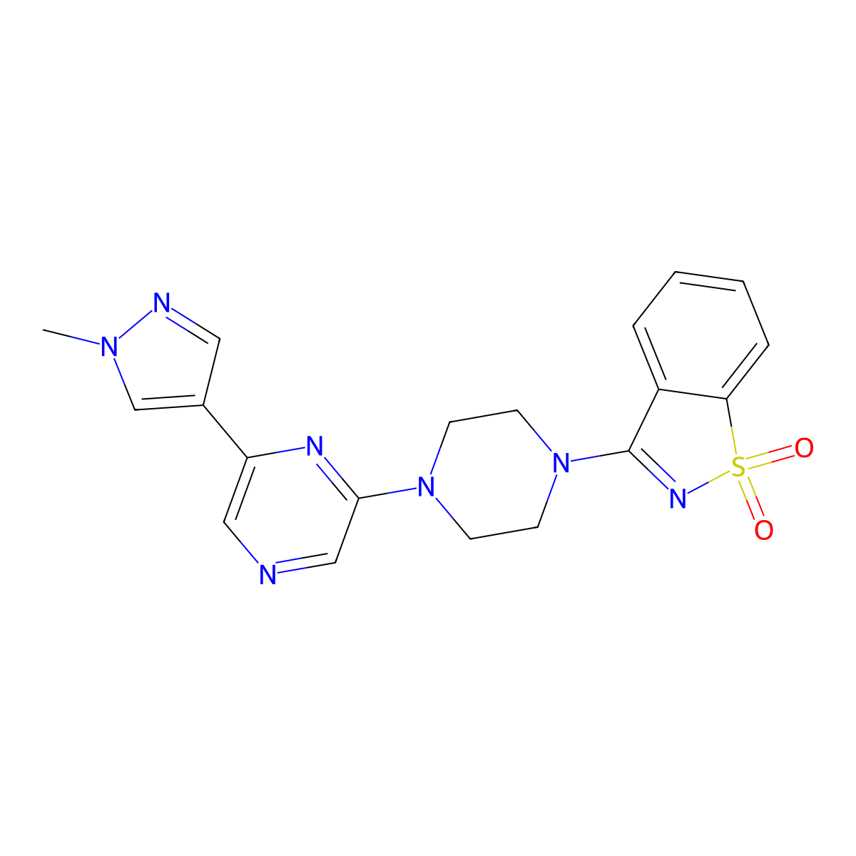 3-[4-[6-(1-Methylpyrazol-4-yl)pyrazin-2-yl]piperazin-1-yl]-1,2-benzothiazole 1,1-dioxide molecular structure, CAS 2770586-63-3