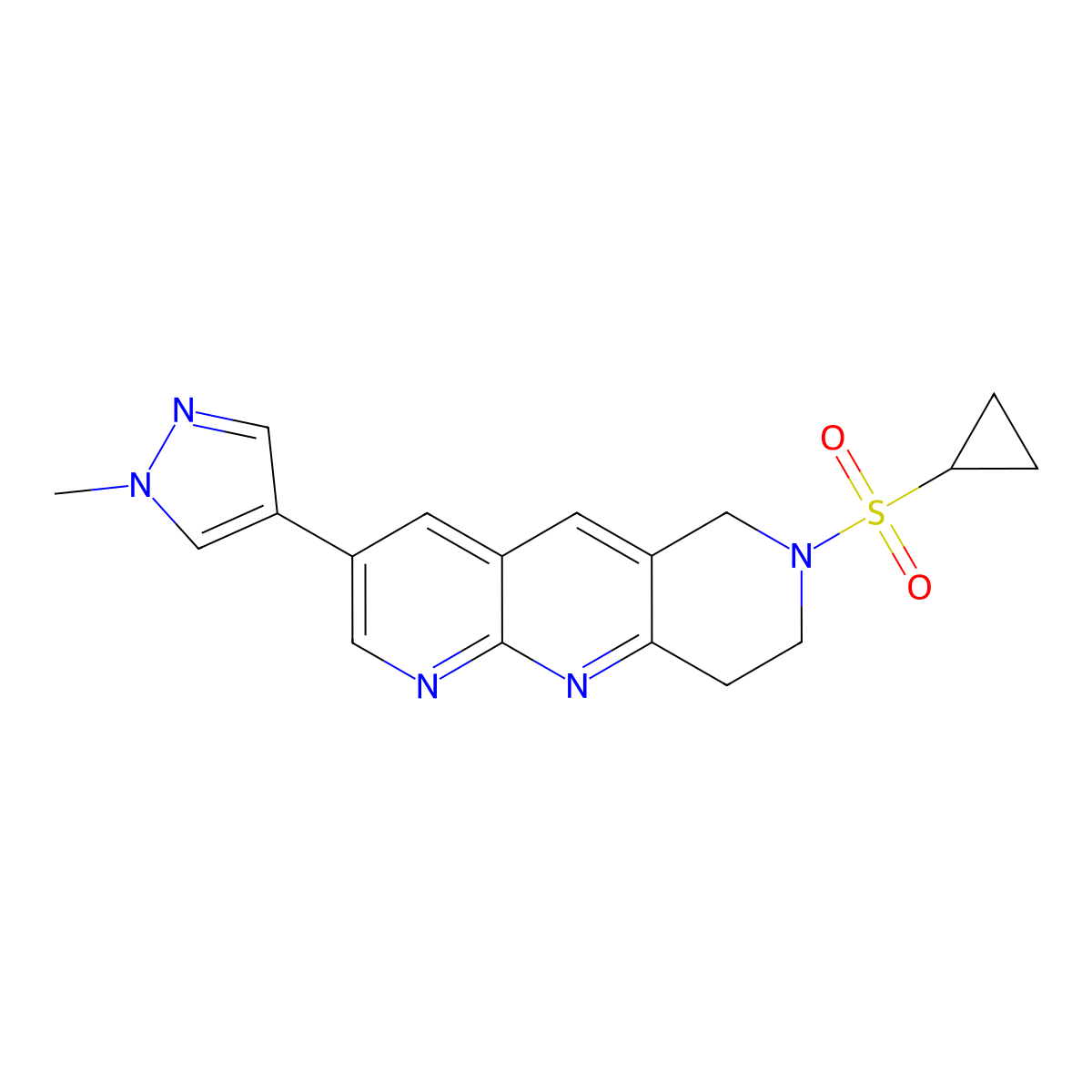 4-[7-(cyclopropanesulfonyl)-6H,7H,8H,9H-pyrido[2,3-b]1,6-naphthyridin-3-yl]-1-methyl-1H-pyrazole molecular structure, CAS 2770586-66-6