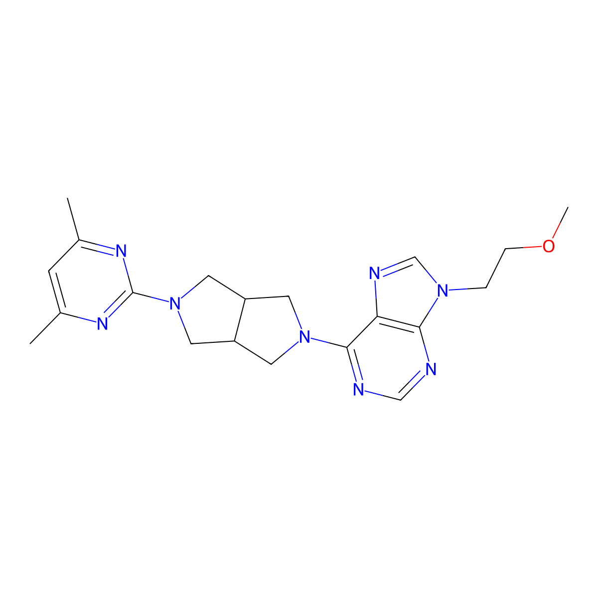 6-[5-(4,6-dimethylpyrimidin-2-yl)-octahydropyrrolo[3,4-c]pyrrol-2-yl]-9-(2-methoxyethyl)-9H-purine molecular structure, CAS 2770586-67-7