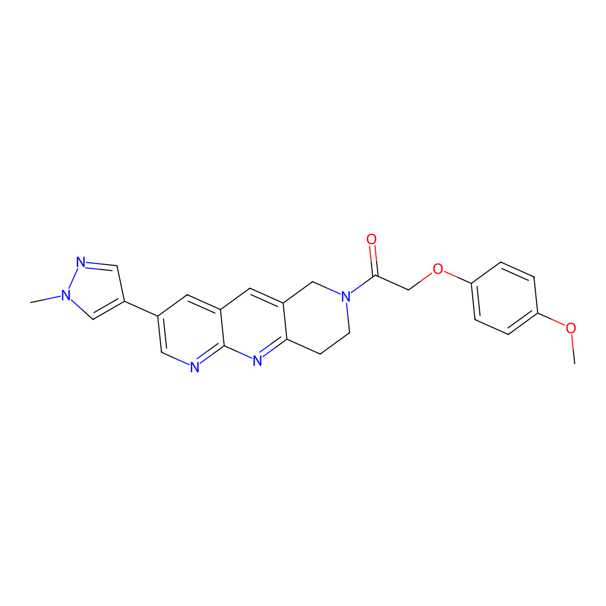 2-(4-methoxyphenoxy)-1-[3-(1-methyl-1H-pyrazol-4-yl)-6H,7H,8H,9H-pyrido[2,3-b]1,6-naphthyridin-7-yl]ethan-1-one molecular structure, CAS 2770586-71-3