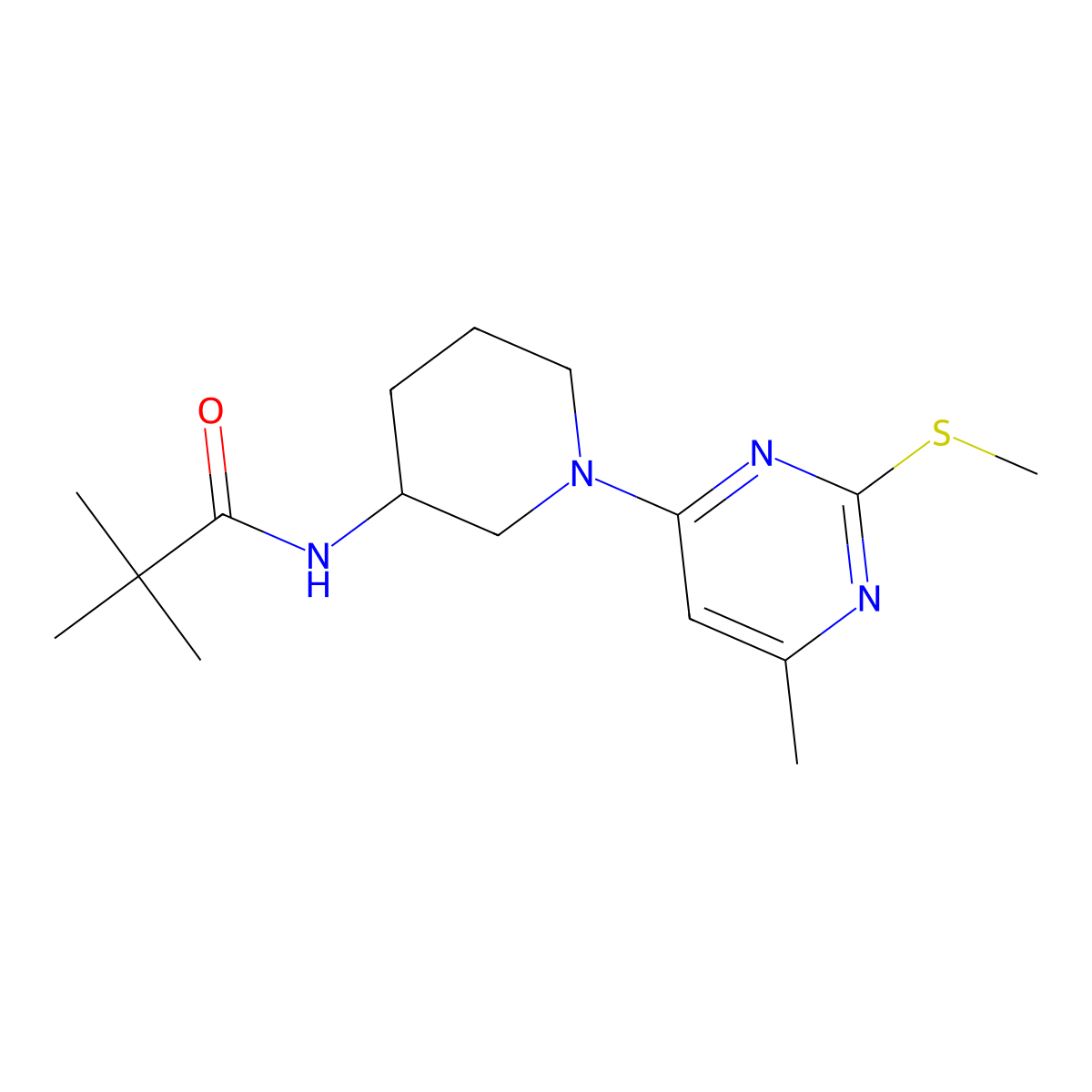 2,2-dimethyl-N-{1-[6-methyl-2-(methylsulfanyl)pyrimidin-4-yl]piperidin-3-yl}propanamide molecular structure, CAS 2770586-76-8