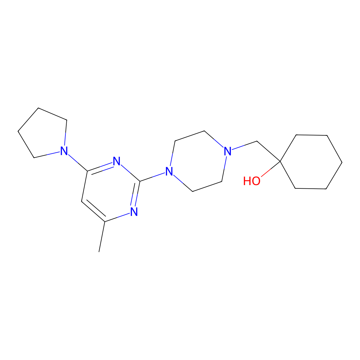1-({4-[4-Methyl-6-(pyrrolidin-1-yl)pyrimidin-2-yl]piperazin-1-yl}methyl)cyclohexan-1-ol molecular structure, CAS 2770586-89-3