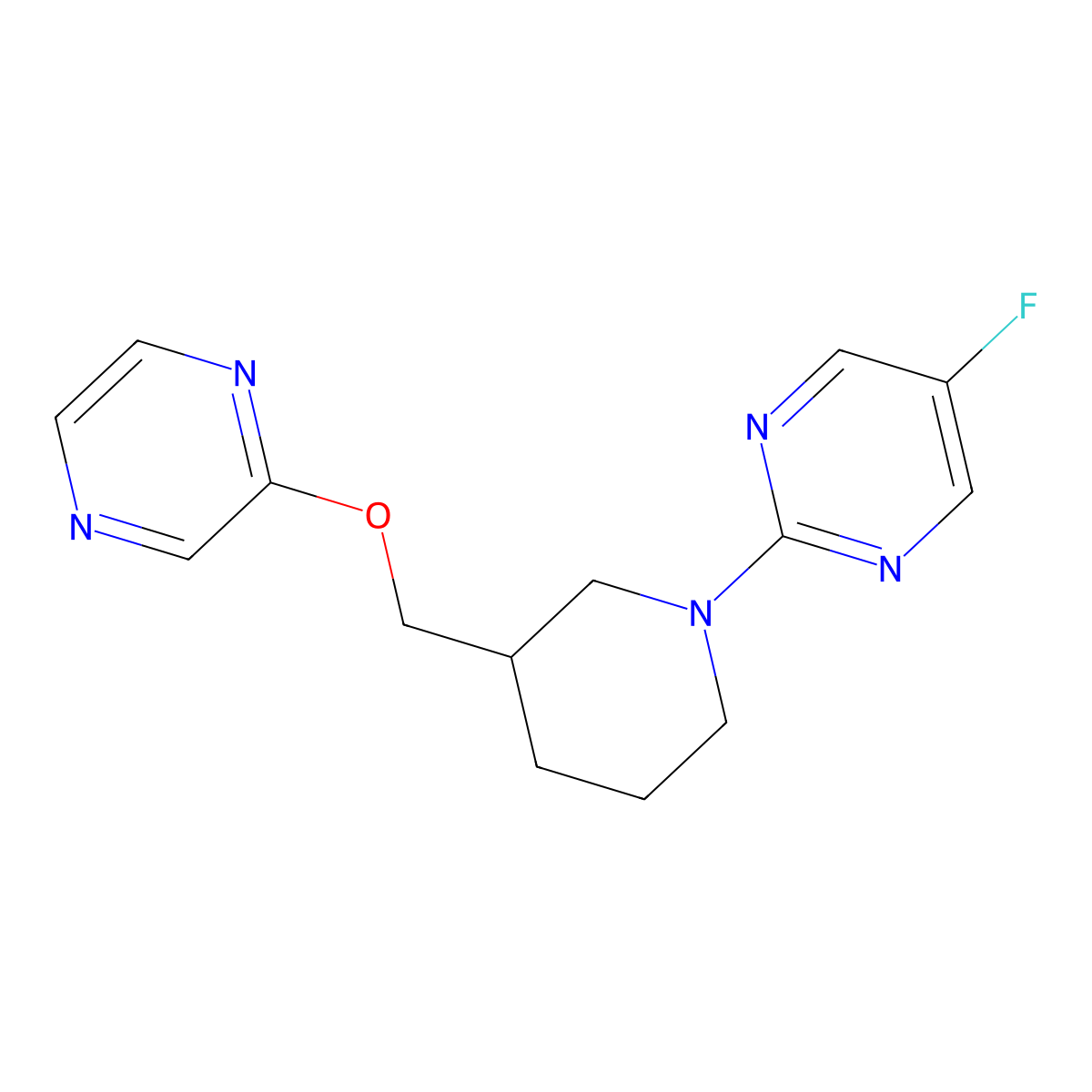 5-Fluoro-2-{3-[(pyrazin-2-yloxy)methyl]piperidin-1-yl}pyrimidine molecular structure, CAS 2770587-03-4