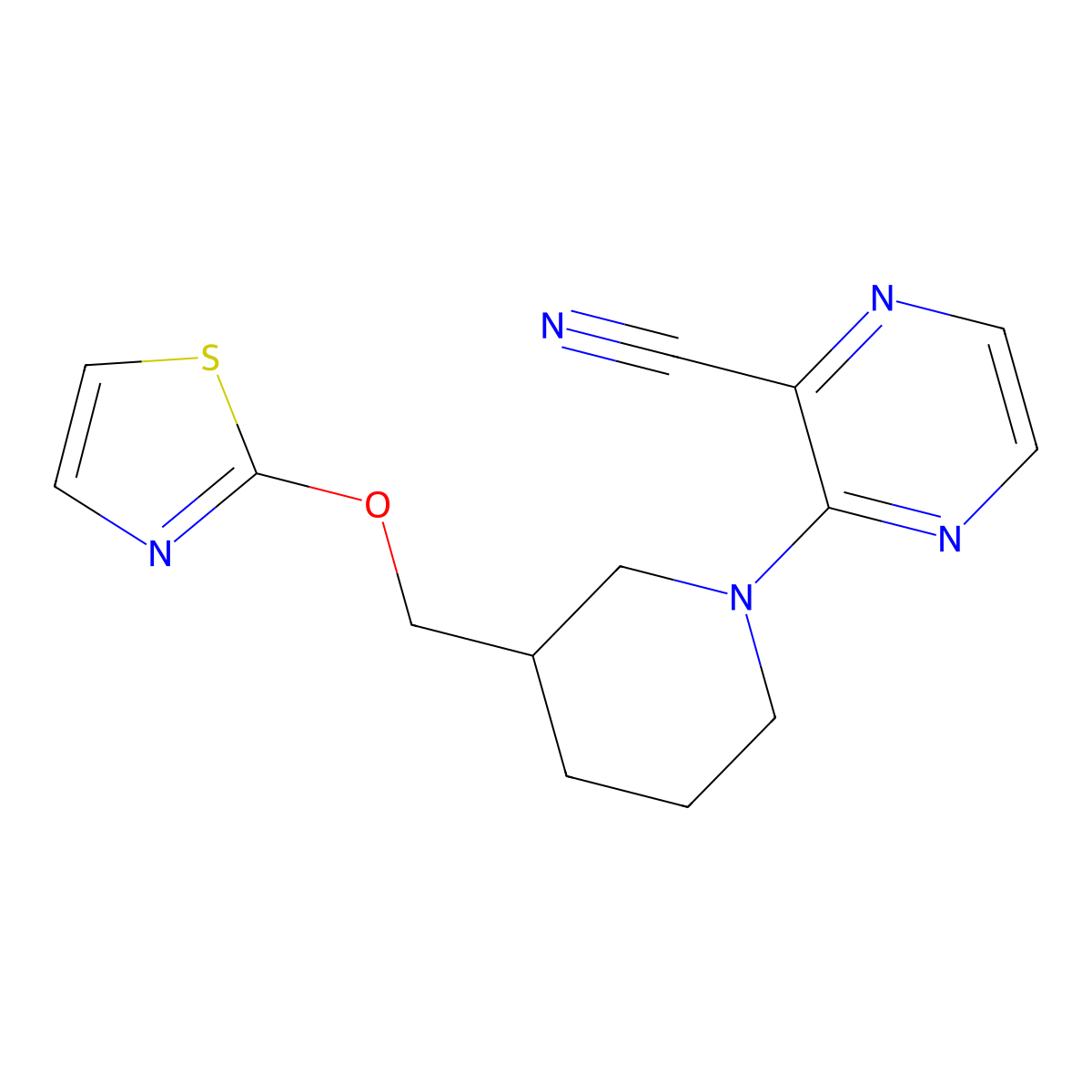 3-{3-[(1,3-Thiazol-2-yloxy)methyl]piperidin-1-yl}pyrazine-2-carbonitrile molecular structure, CAS 2770587-11-4