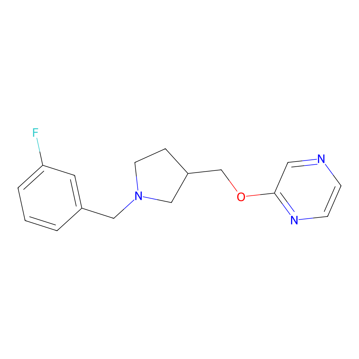 2-({1-[(3-Fluorophenyl)methyl]pyrrolidin-3-yl}methoxy)pyrazine molecular structure, CAS 2770587-24-9