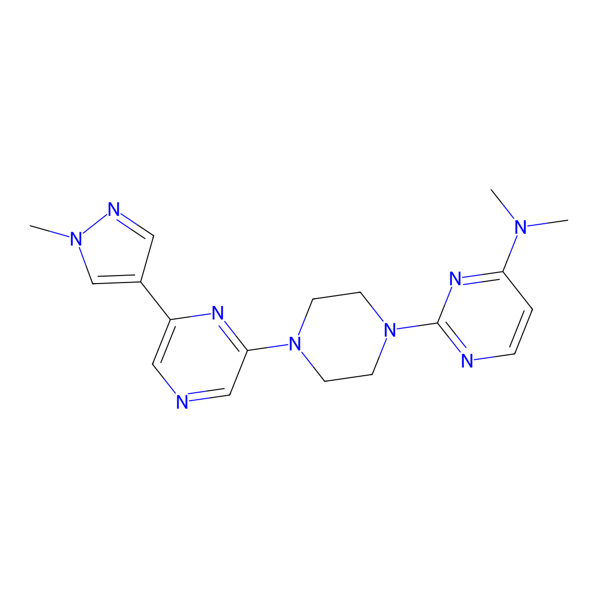 N,N-dimethyl-2-{4-[6-(1-methyl-1H-pyrazol-4-yl)pyrazin-2-yl]piperazin-1-yl}pyrimidin-4-amine molecular structure, CAS 2770587-25-0