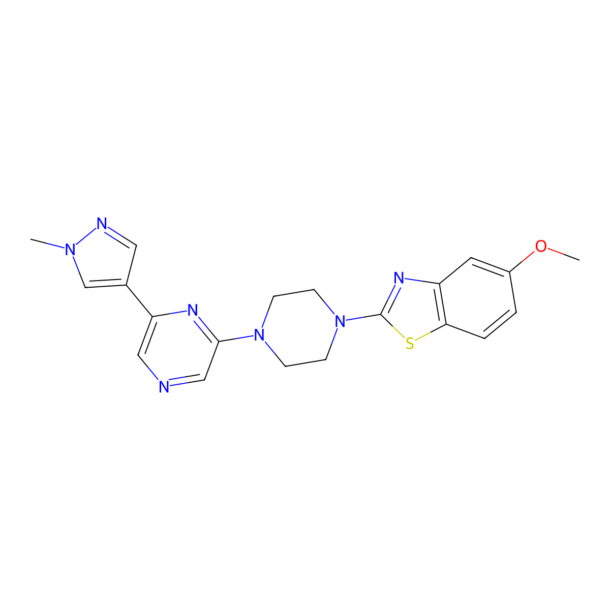 5-methoxy-2-{4-[6-(1-methyl-1H-pyrazol-4-yl)pyrazin-2-yl]piperazin-1-yl}-1,3-benzothiazole molecular structure, CAS 2770587-34-1