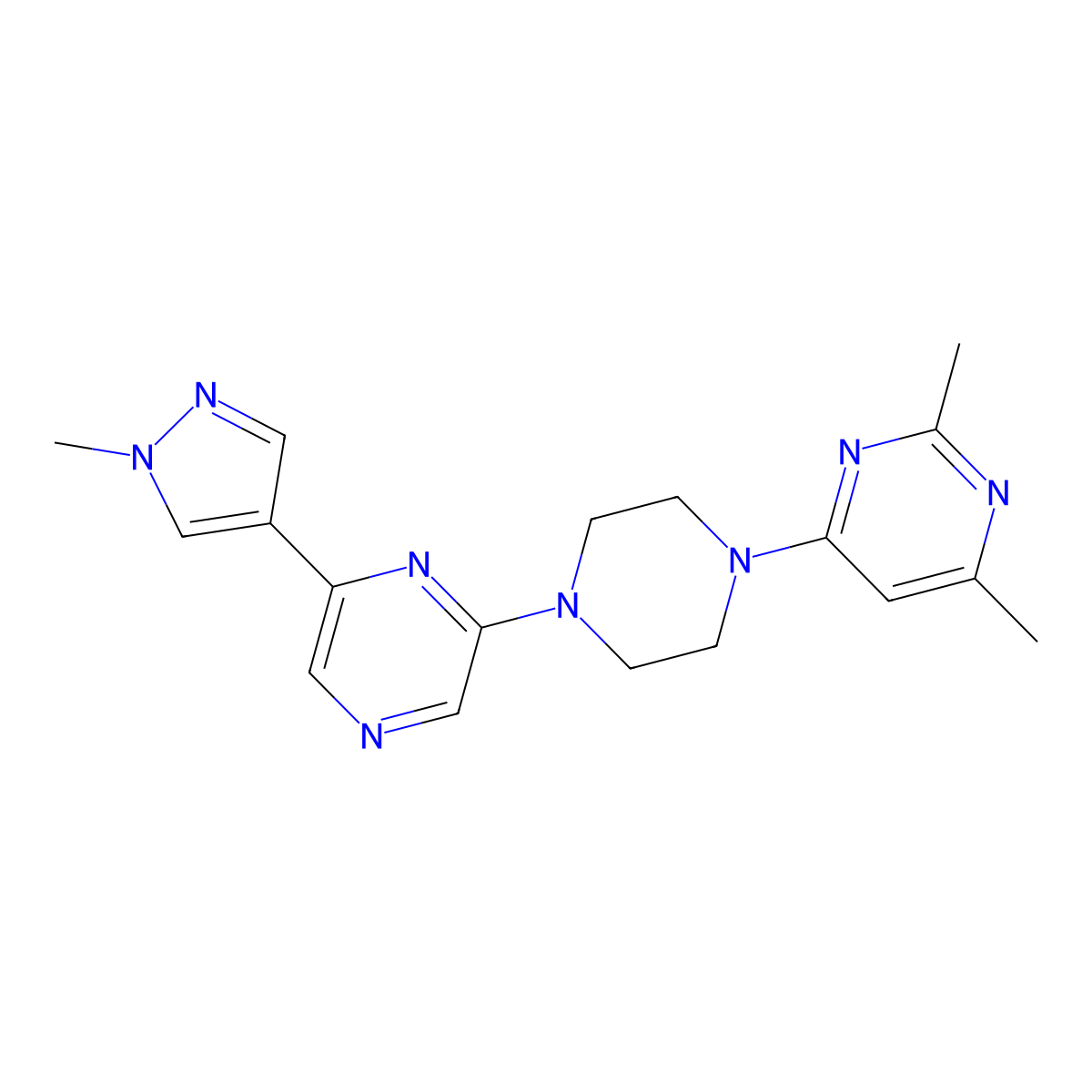 2,4-dimethyl-6-{4-[6-(1-methyl-1H-pyrazol-4-yl)pyrazin-2-yl]piperazin-1-yl}pyrimidine molecular structure, CAS 2770587-37-4
