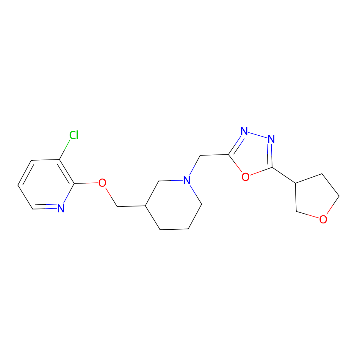 3-Chloro-2-[(1-{[5-(oxolan-3-yl)-1,3,4-oxadiazol-2-yl]methyl}piperidin-3-yl)methoxy]pyridine molecular structure, CAS 2770587-46-5