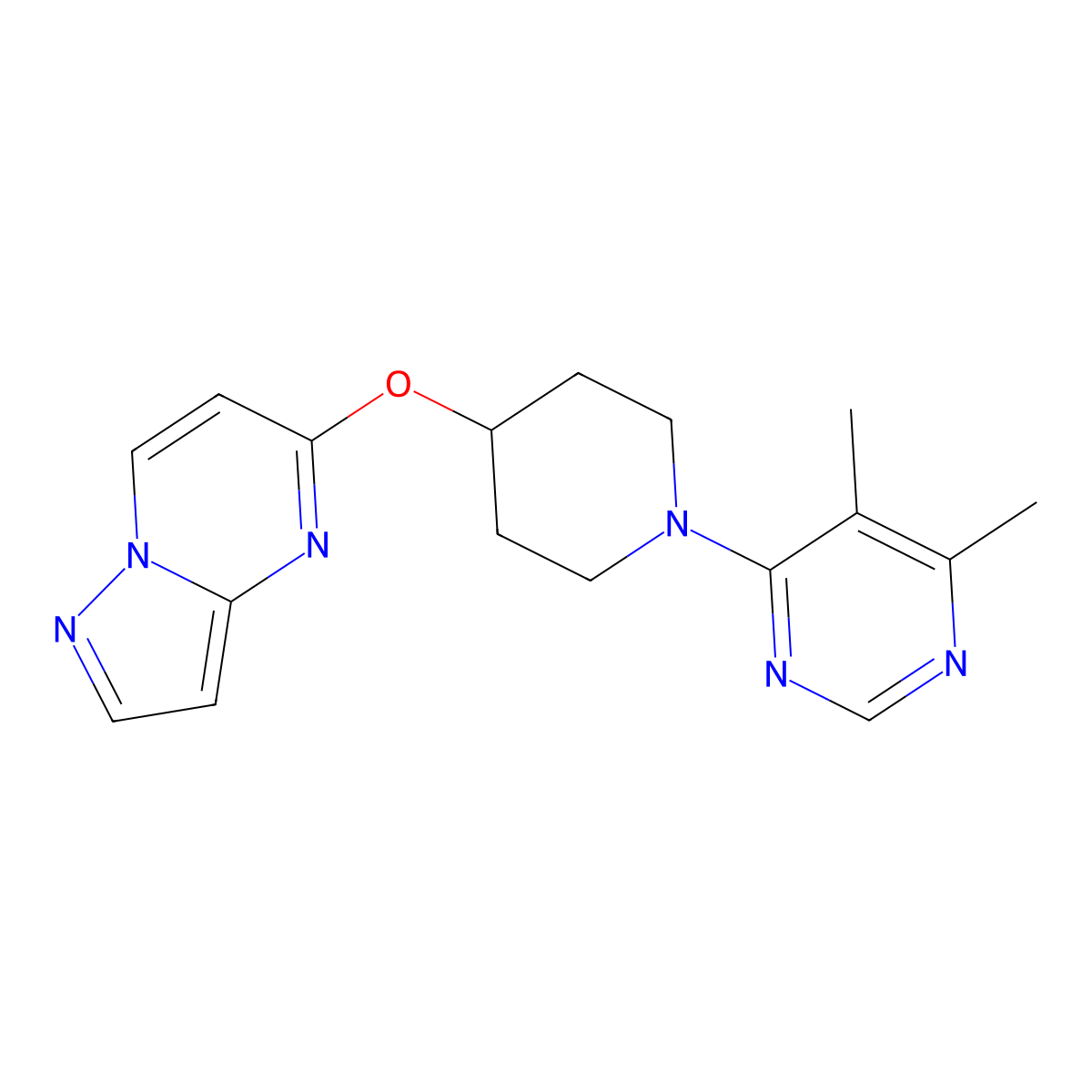 4,5-Dimethyl-6-(4-{pyrazolo[1,5-a]pyrimidin-5-yloxy}piperidin-1-yl)pyrimidine molecular structure, CAS 2770587-48-7