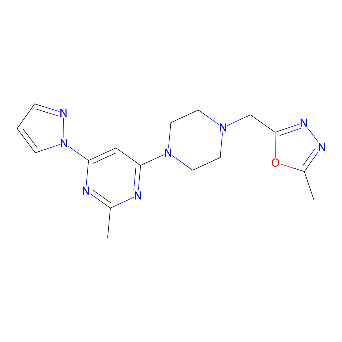 2-methyl-4-{4-[(5-methyl-1,3,4-oxadiazol-2-yl)methyl]piperazin-1-yl}-6-(1H-pyrazol-1-yl)pyrimidine molecular structure, CAS 2770587-50-1
