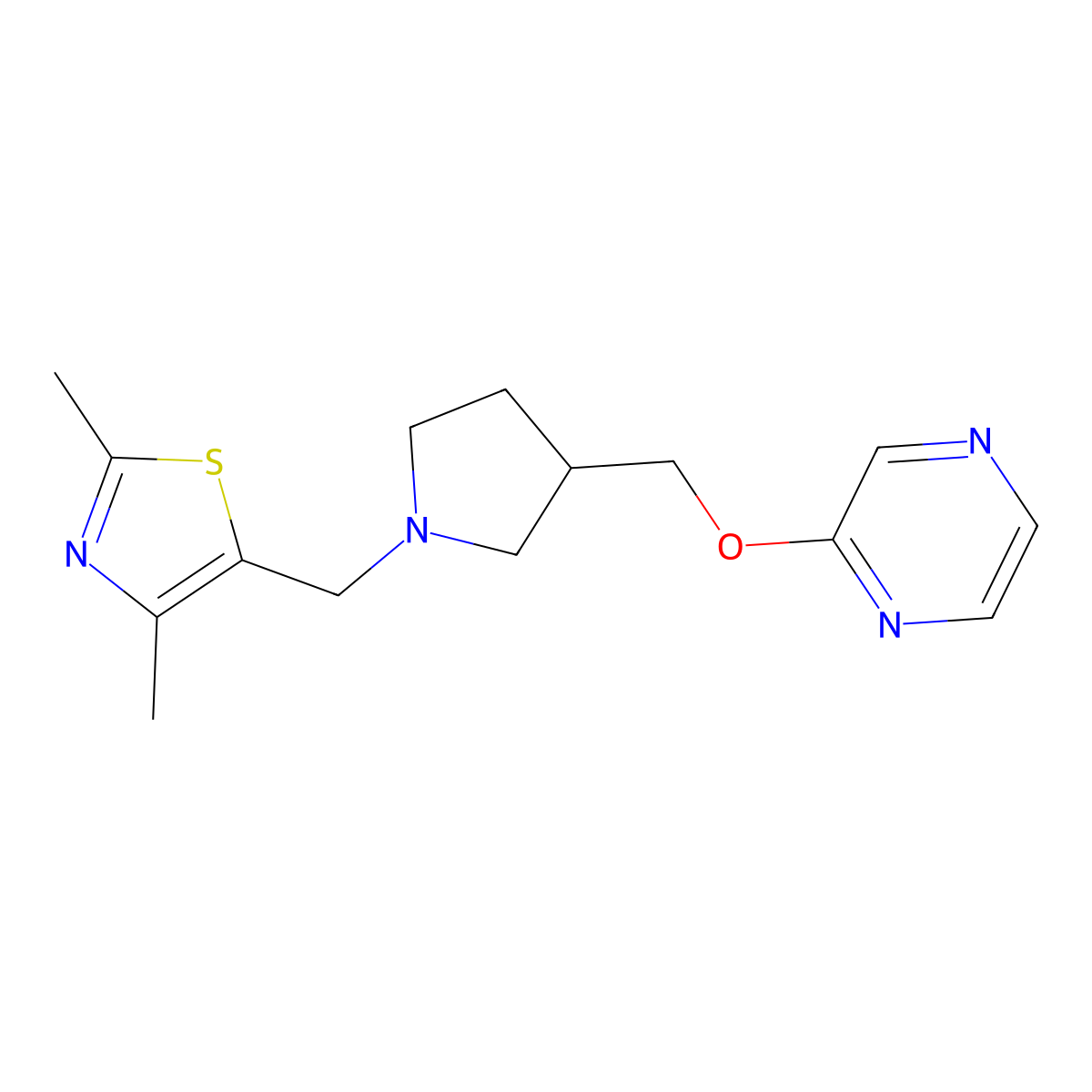 2-({1-[(2,4-Dimethyl-1,3-thiazol-5-yl)methyl]pyrrolidin-3-yl}methoxy)pyrazine molecular structure, CAS 2770587-51-2