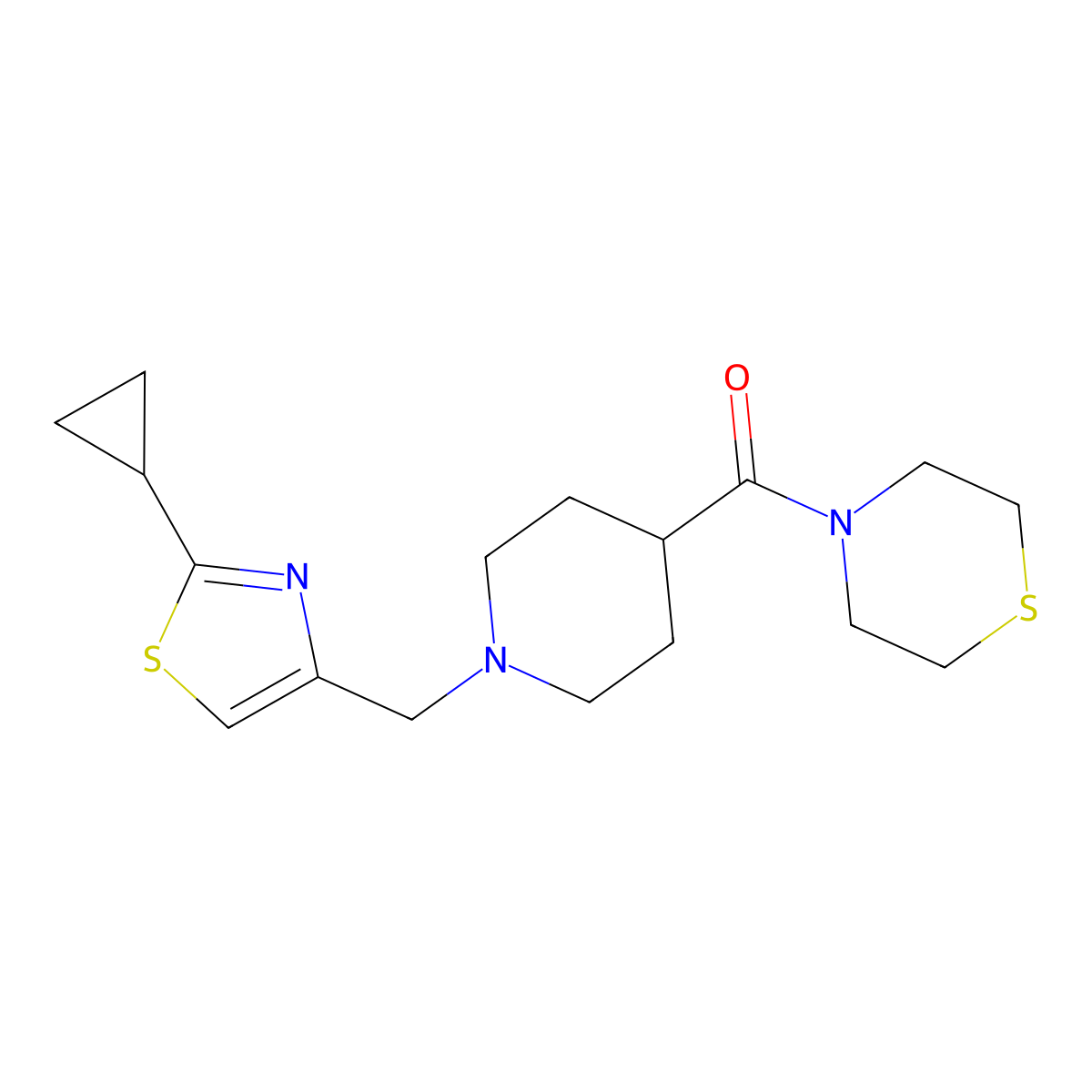 4-{1-[(2-Cyclopropyl-1,3-thiazol-4-yl)methyl]piperidine-4-carbonyl}thiomorpholine molecular structure, CAS 2770587-56-7