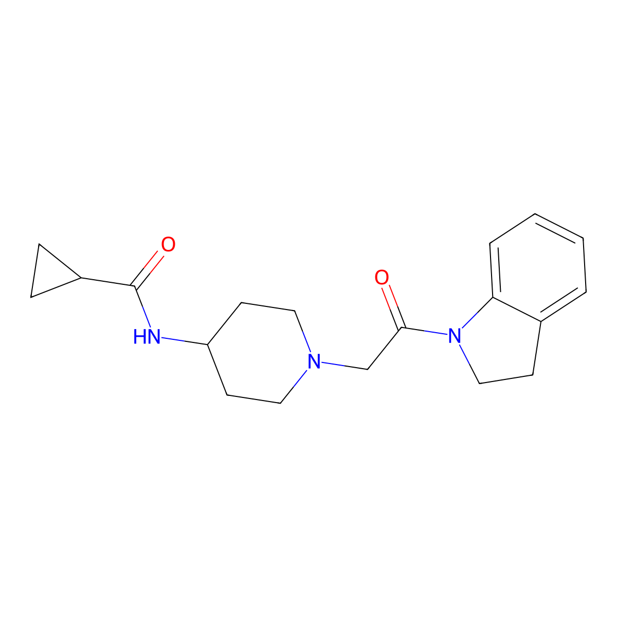 N-{1-[2-(2,3-dihydro-1H-indol-1-yl)-2-oxoethyl]piperidin-4-yl}cyclopropanecarboxamide molecular structure, CAS 2770587-62-5