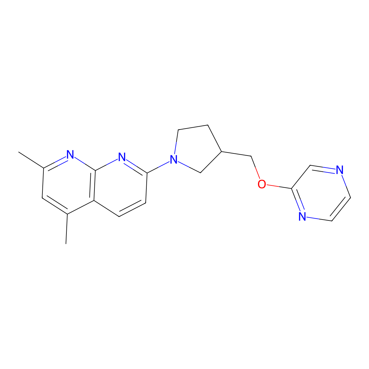 2,4-Dimethyl-7-{3-[(pyrazin-2-yloxy)methyl]pyrrolidin-1-yl}-1,8-naphthyridine molecular structure, CAS 2770587-64-7