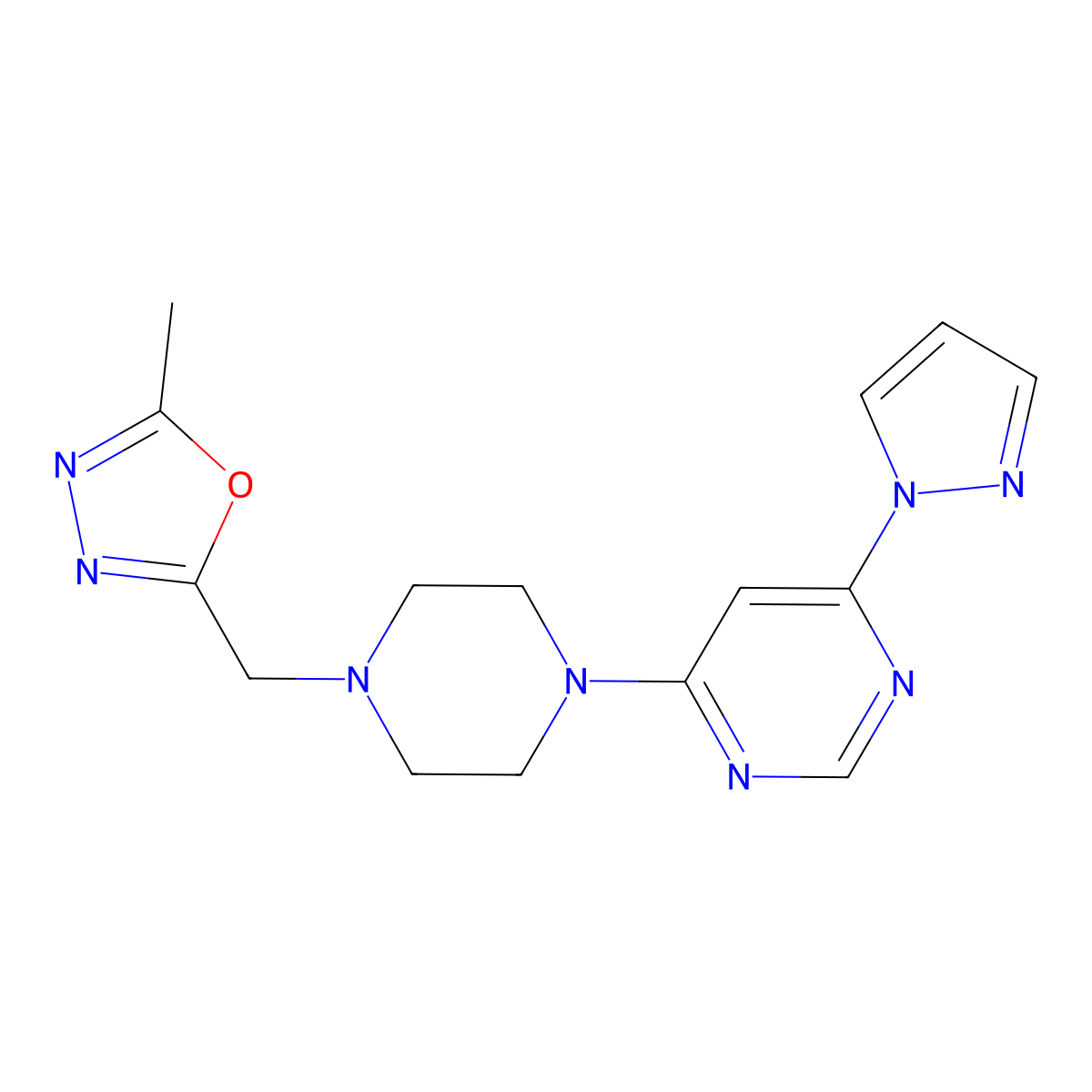 4-{4-[(5-methyl-1,3,4-oxadiazol-2-yl)methyl]piperazin-1-yl}-6-(1H-pyrazol-1-yl)pyrimidine molecular structure, CAS 2770587-69-2