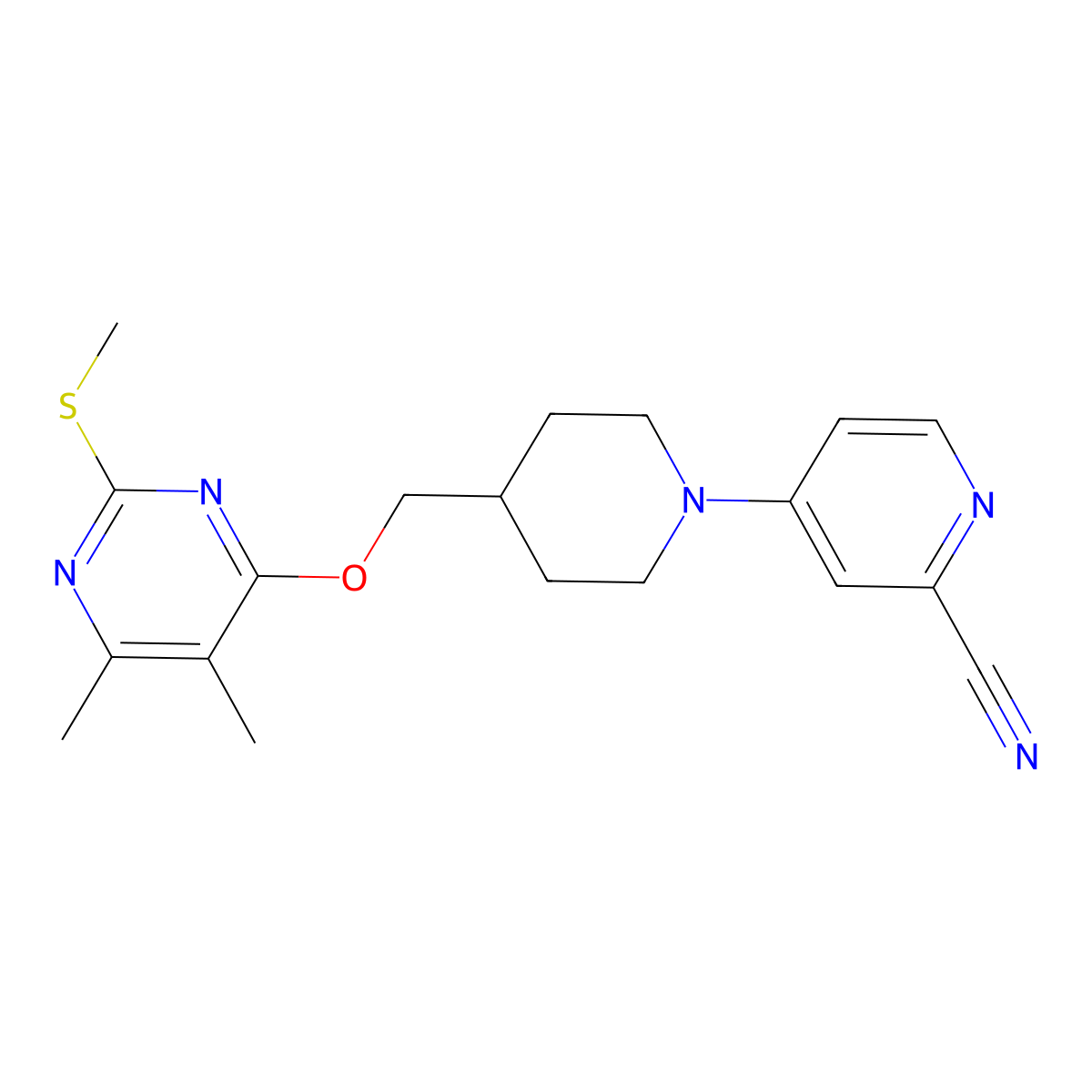 4-[4-({[5,6-Dimethyl-2-(methylsulfanyl)pyrimidin-4-yl]oxy}methyl)piperidin-1-yl]pyridine-2-carbonitrile molecular structure, CAS 2770587-81-8