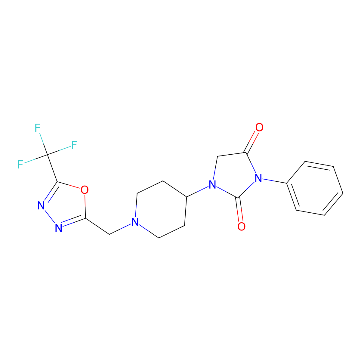3-Phenyl-1-(1-{[5-(trifluoromethyl)-1,3,4-oxadiazol-2-yl]methyl}piperidin-4-yl)imidazolidine-2,4-dione molecular structure, CAS 2770587-86-3