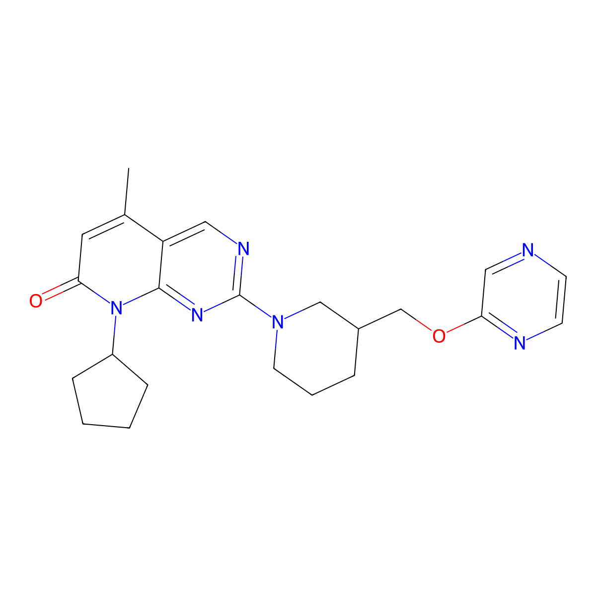 8-cyclopentyl-5-methyl-2-{3-[(pyrazin-2-yloxy)methyl]piperidin-1-yl}-7H,8H-pyrido[2,3-d]pyrimidin-7-one molecular structure, CAS 2770587-89-6