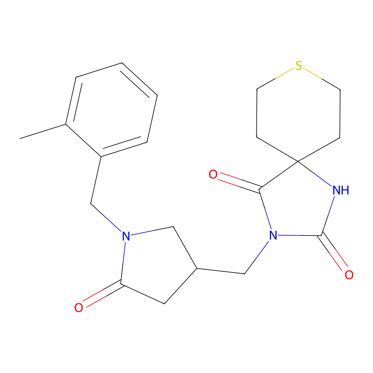 3-({1-[(2-Methylphenyl)methyl]-5-oxopyrrolidin-3-yl}methyl)-8-thia-1,3-diazaspiro[4.5]decane-2,4-dione molecular structure, CAS 2770587-92-1