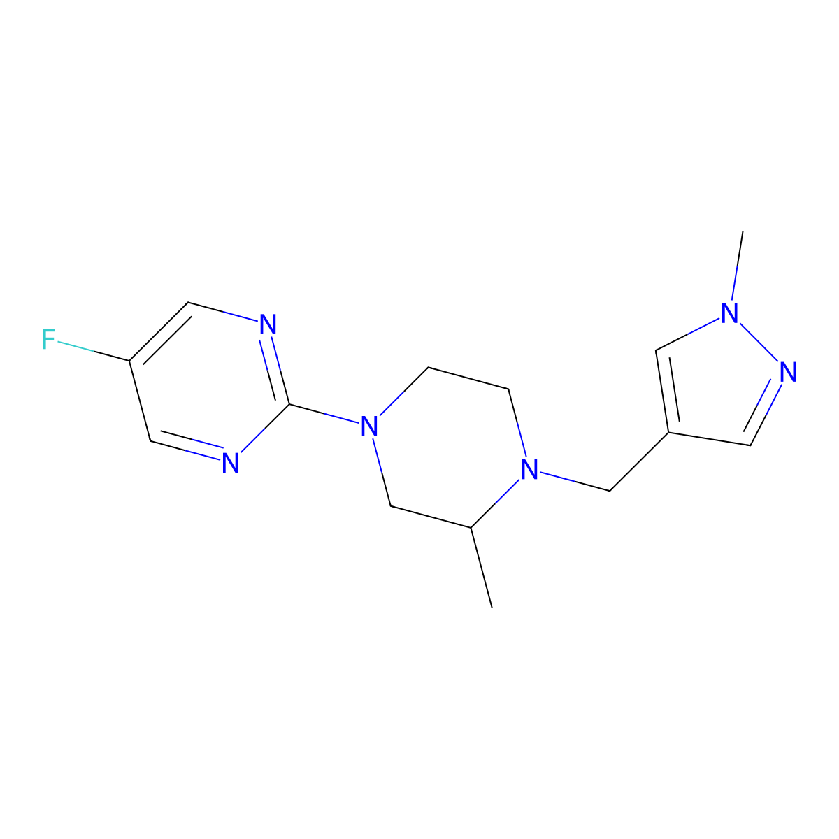 5-fluoro-2-{3-methyl-4-[(1-methyl-1H-pyrazol-4-yl)methyl]piperazin-1-yl}pyrimidine molecular structure, CAS 2770587-94-3