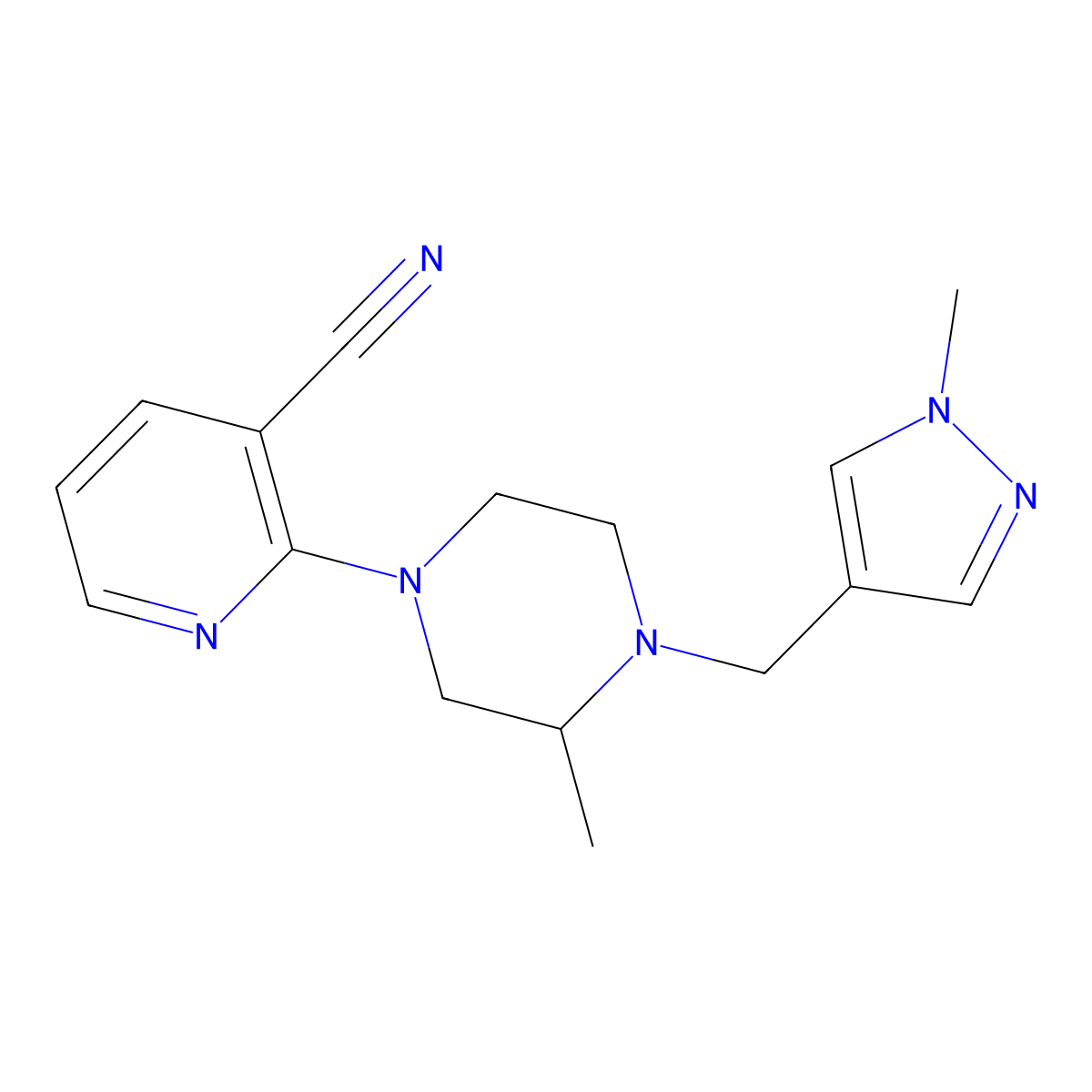 2-{3-methyl-4-[(1-methyl-1H-pyrazol-4-yl)methyl]piperazin-1-yl}pyridine-3-carbonitrile molecular structure, CAS 2770587-97-6