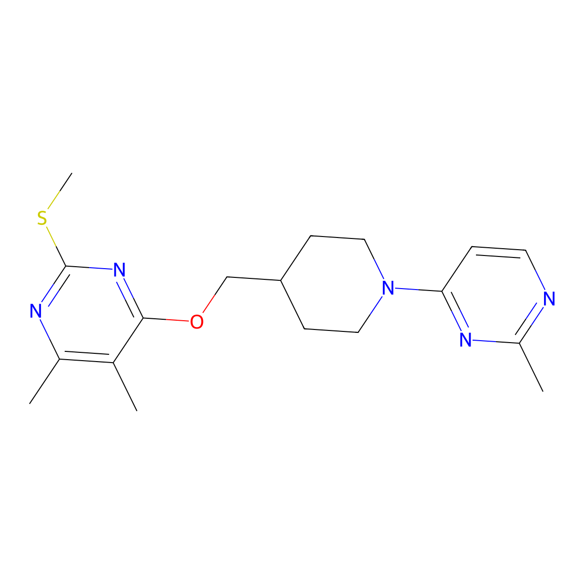 4,5-Dimethyl-6-{[1-(2-methylpyrimidin-4-yl)piperidin-4-yl]methoxy}-2-(methylsulfanyl)pyrimidine molecular structure, CAS 2770588-02-6