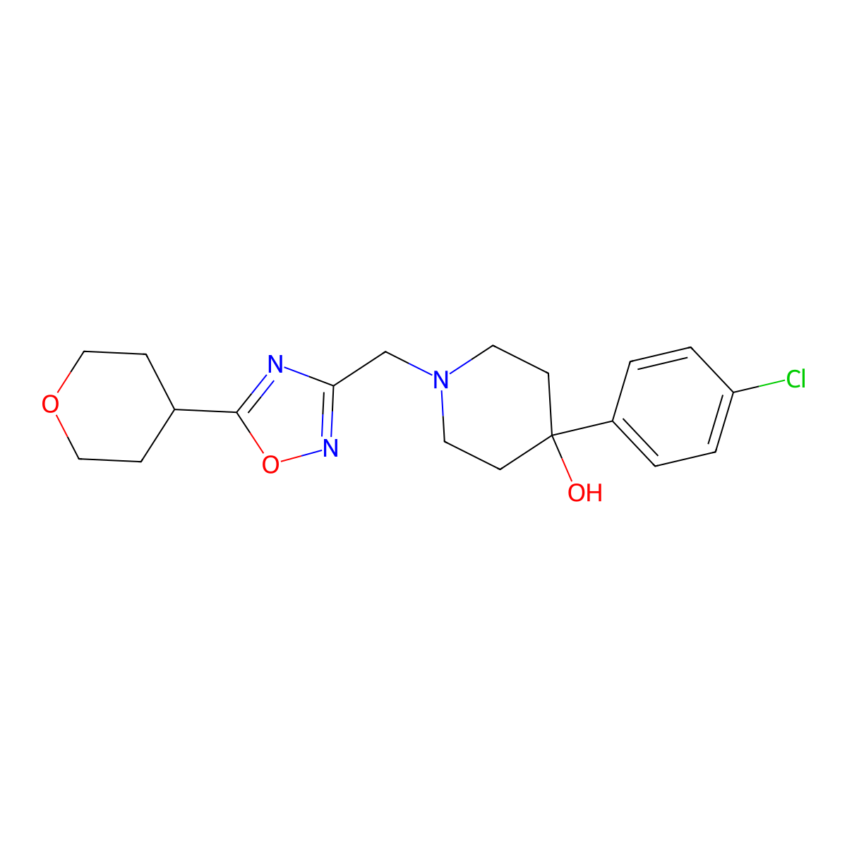 4-(4-Chlorophenyl)-1-{[5-(oxan-4-yl)-1,2,4-oxadiazol-3-yl]methyl}piperidin-4-ol molecular structure, CAS 2770588-18-4