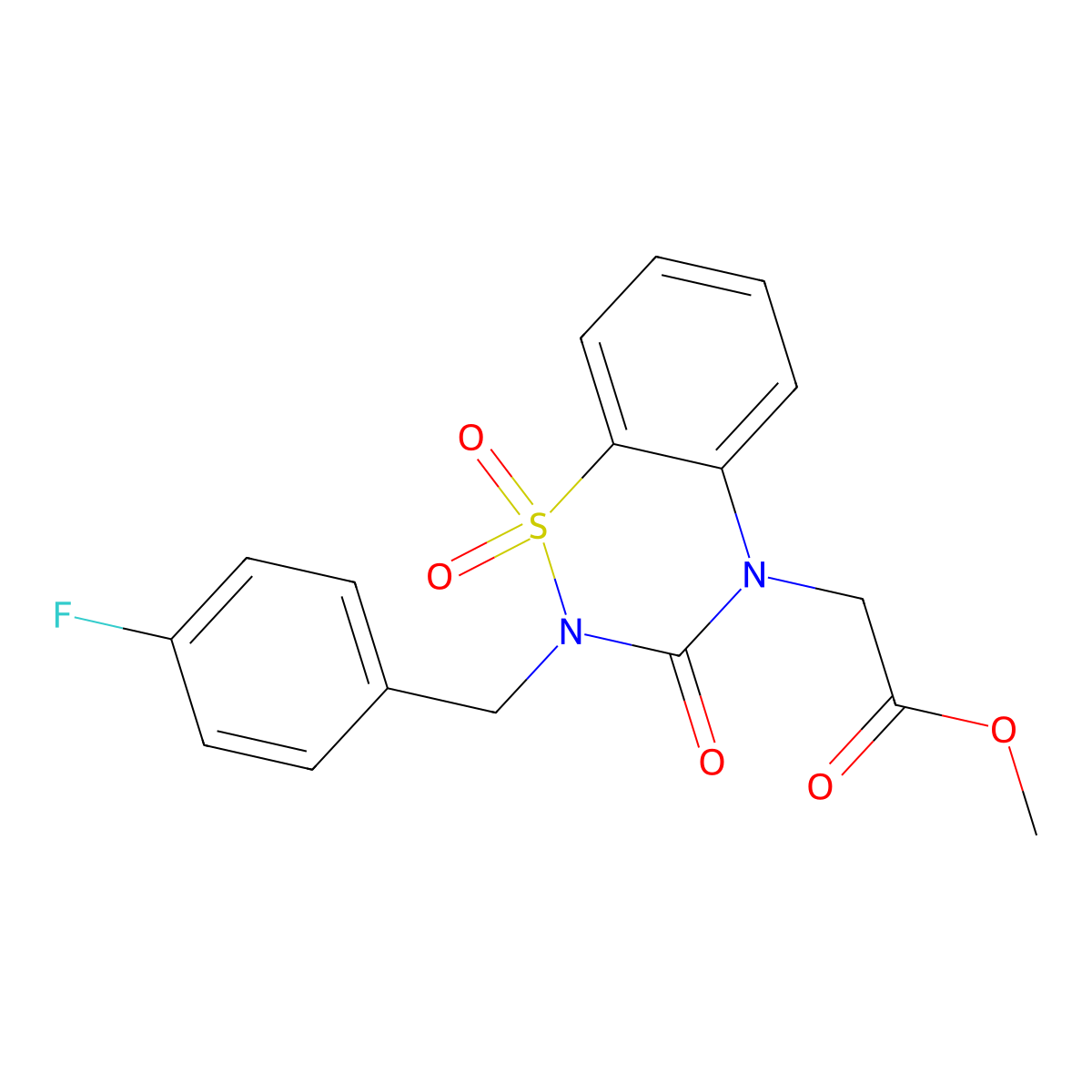 Methyl 2-[2-[(4-fluorophenyl)methyl]-1,1,3-trioxo-1lambda6,2,4-benzothiadiazin-4-yl]acetate molecular structure, CAS 2770588-33-3
