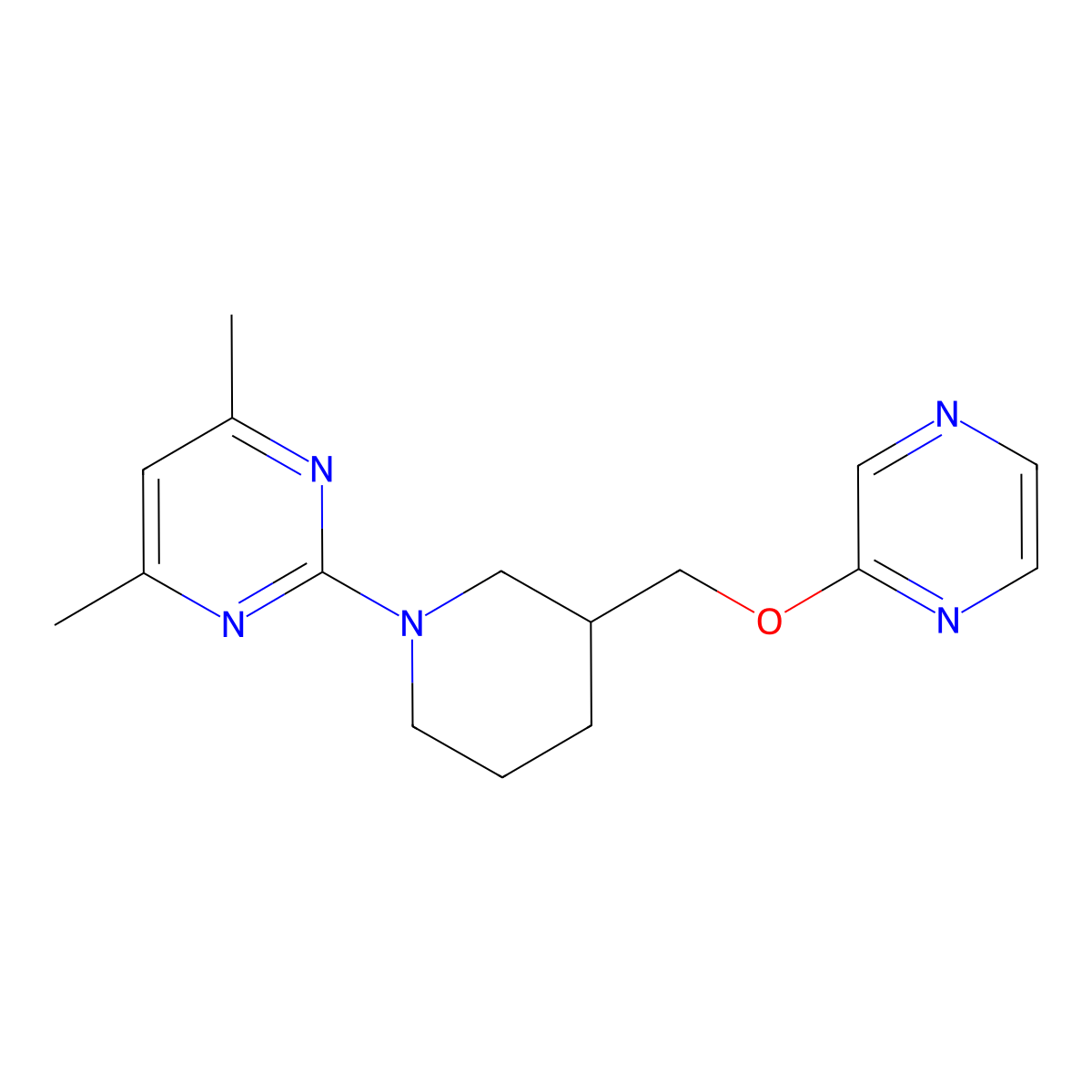 4,6-Dimethyl-2-{3-[(pyrazin-2-yloxy)methyl]piperidin-1-yl}pyrimidine molecular structure, CAS 2770588-39-9