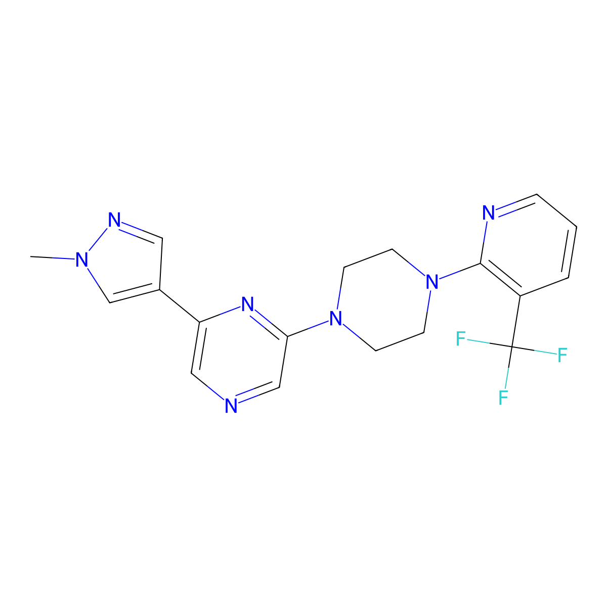 2-(1-methyl-1H-pyrazol-4-yl)-6-{4-[3-(trifluoromethyl)pyridin-2-yl]piperazin-1-yl}pyrazine molecular structure, CAS 2770588-64-0
