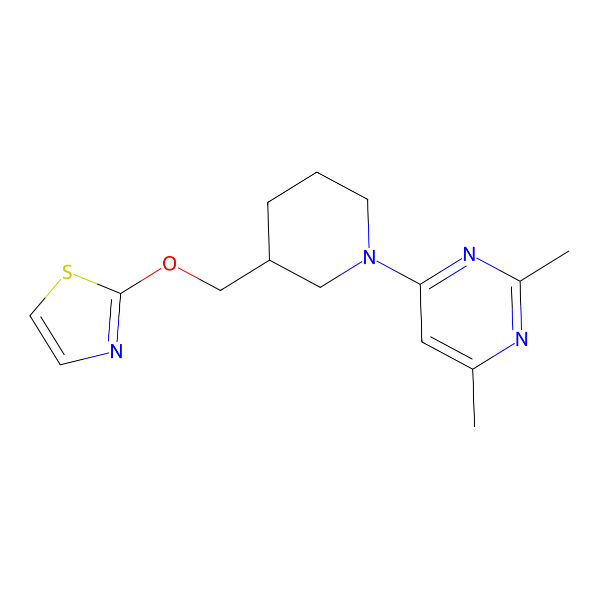 2,4-Dimethyl-6-{3-[(1,3-thiazol-2-yloxy)methyl]piperidin-1-yl}pyrimidine molecular structure, CAS 2770588-80-0