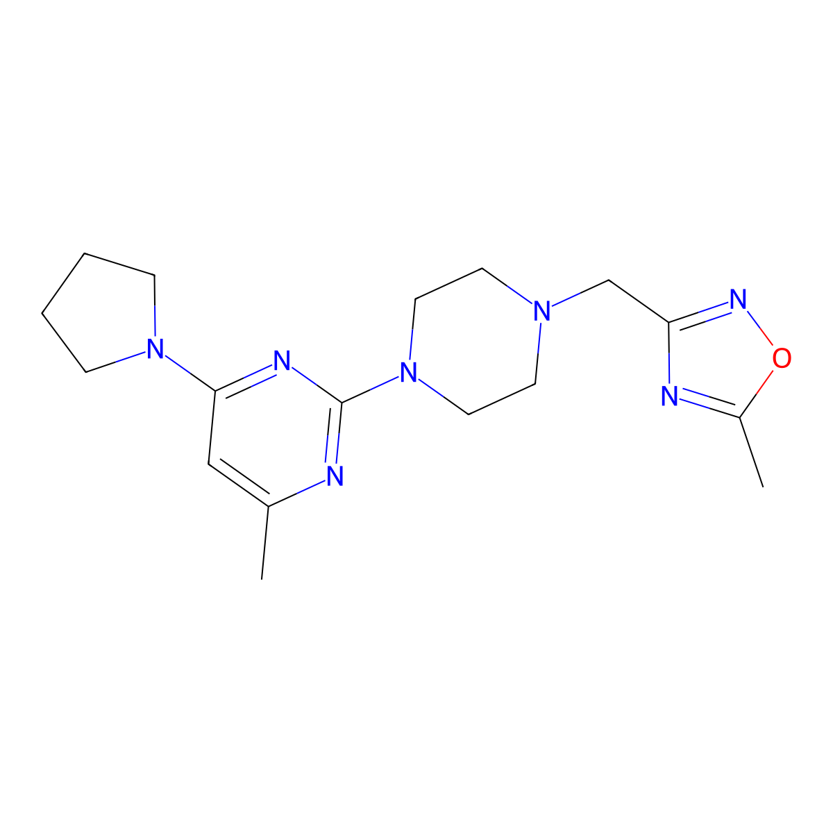 4-Methyl-2-{4-[(5-methyl-1,2,4-oxadiazol-3-yl)methyl]piperazin-1-yl}-6-(pyrrolidin-1-yl)pyrimidine molecular structure, CAS 2770588-83-3