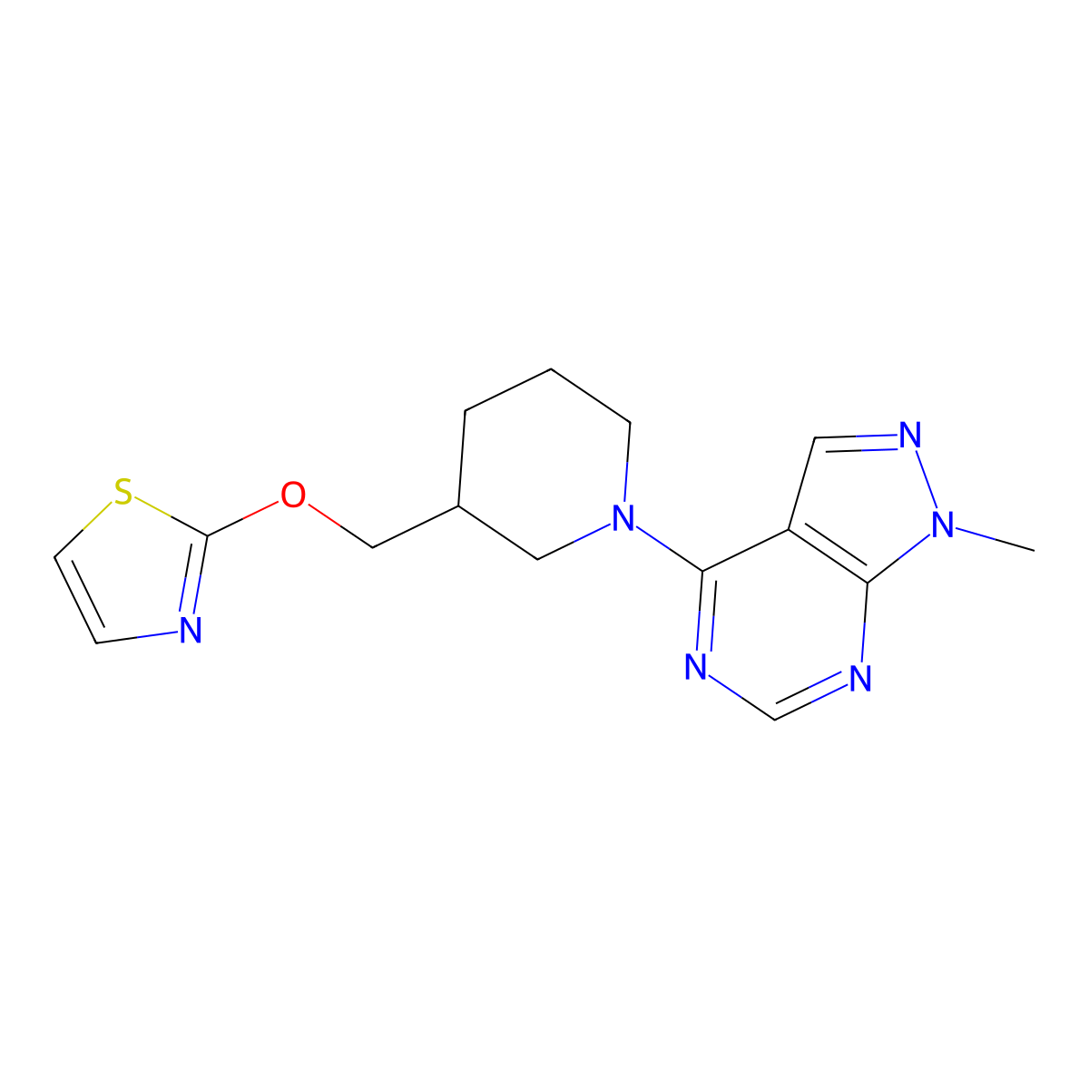 1-{1-methyl-1H-pyrazolo[3,4-d]pyrimidin-4-yl}-3-[(1,3-thiazol-2-yloxy)methyl]piperidine molecular structure, CAS 2770588-88-8
