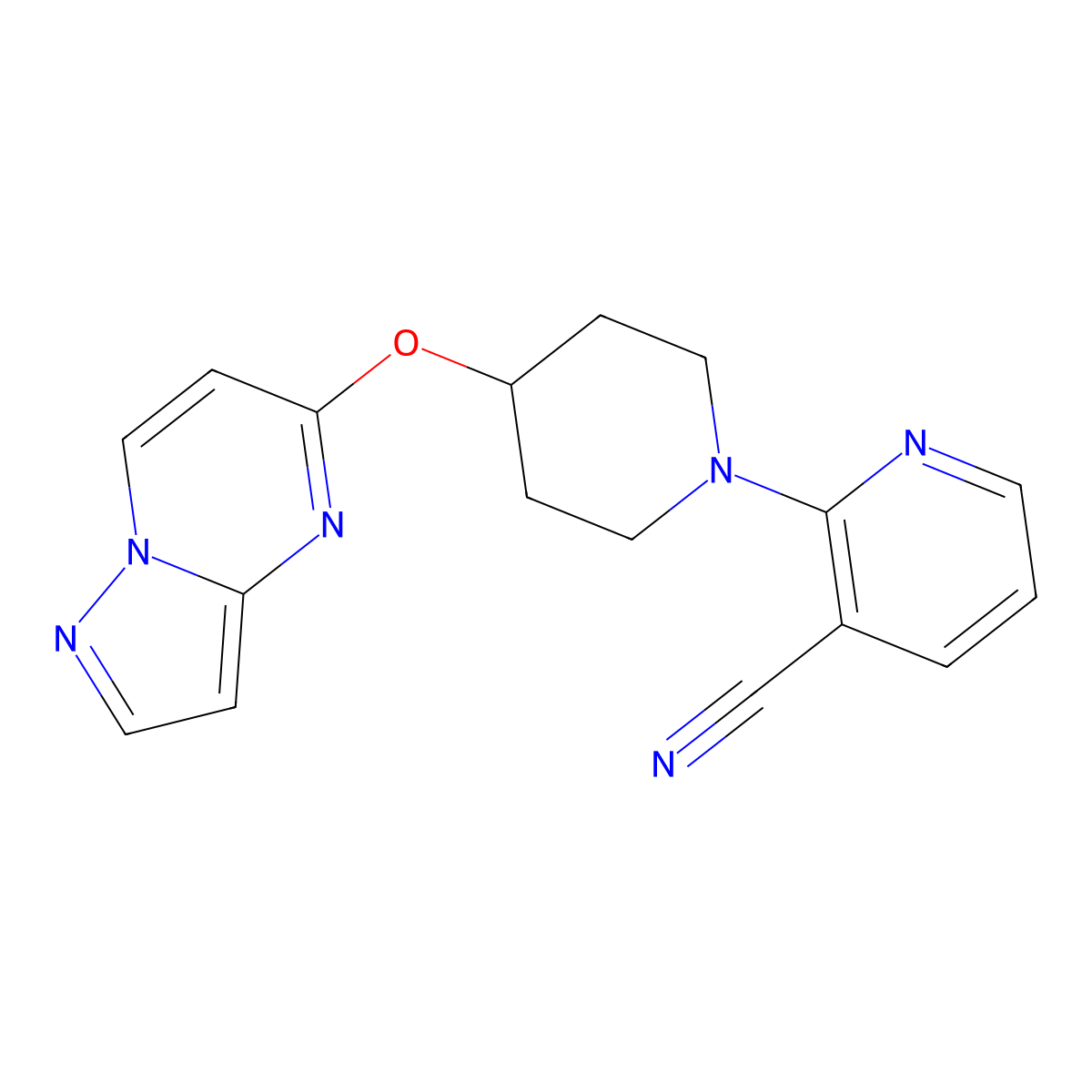 2-(4-{Pyrazolo[1,5-a]pyrimidin-5-yloxy}piperidin-1-yl)pyridine-3-carbonitrile molecular structure, CAS 2770588-95-7