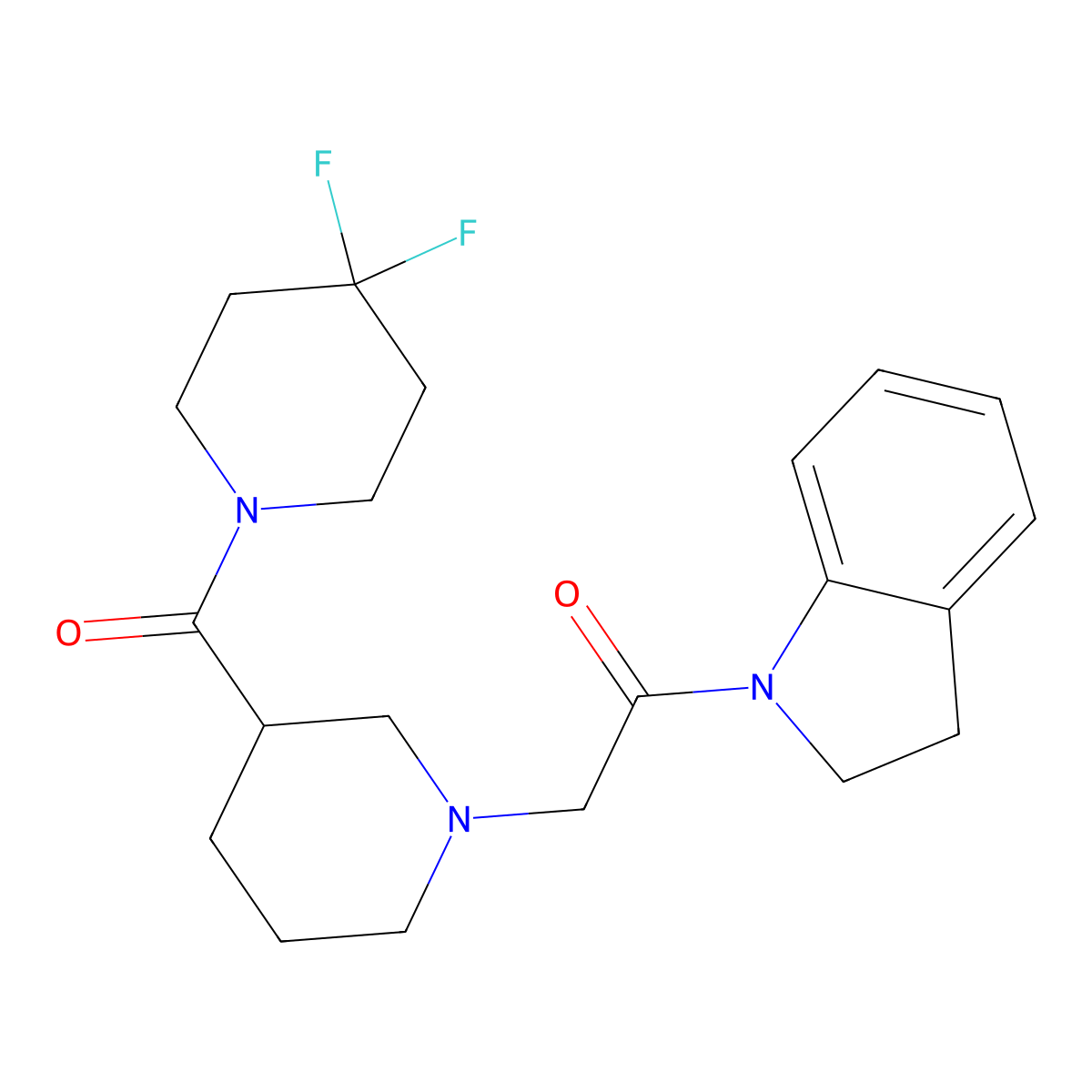 2-[3-(4,4-difluoropiperidine-1-carbonyl)piperidin-1-yl]-1-(2,3-dihydro-1H-indol-1-yl)ethan-1-one molecular structure, CAS 2770588-96-8