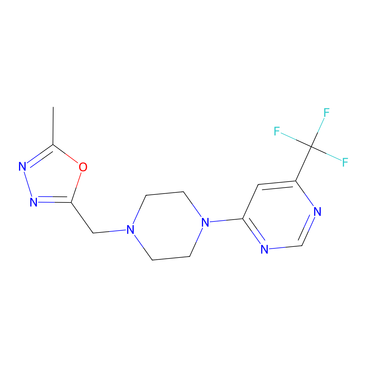 4-{4-[(5-Methyl-1,3,4-oxadiazol-2-yl)methyl]piperazin-1-yl}-6-(trifluoromethyl)pyrimidine molecular structure, CAS 2770589-01-8