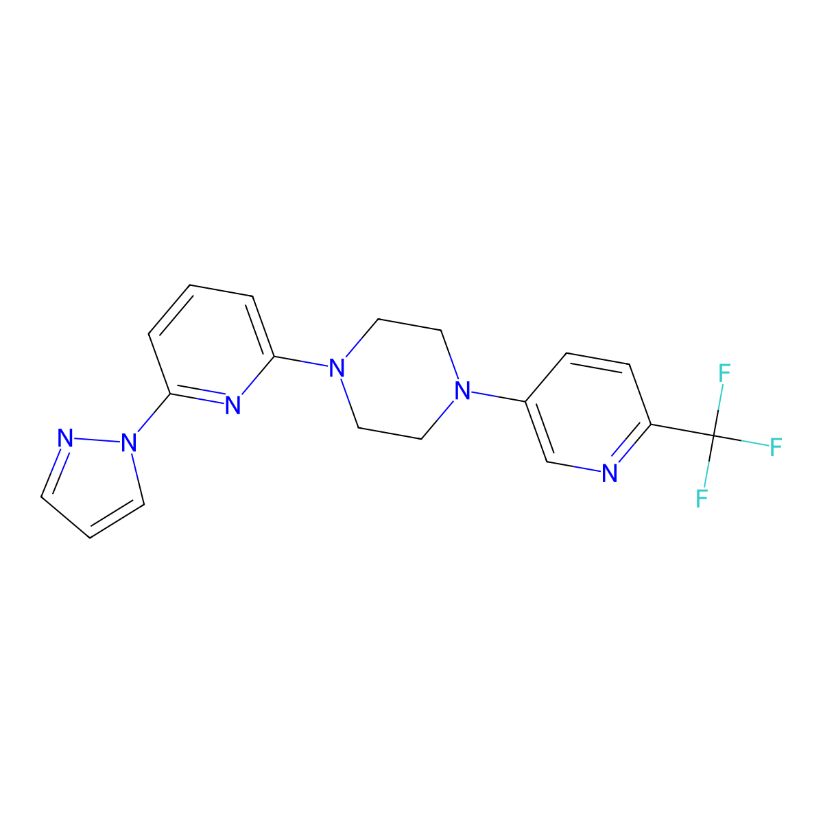 1-[6-(1H-pyrazol-1-yl)pyridin-2-yl]-4-[6-(trifluoromethyl)pyridin-3-yl]piperazine molecular structure, CAS 2770589-05-2