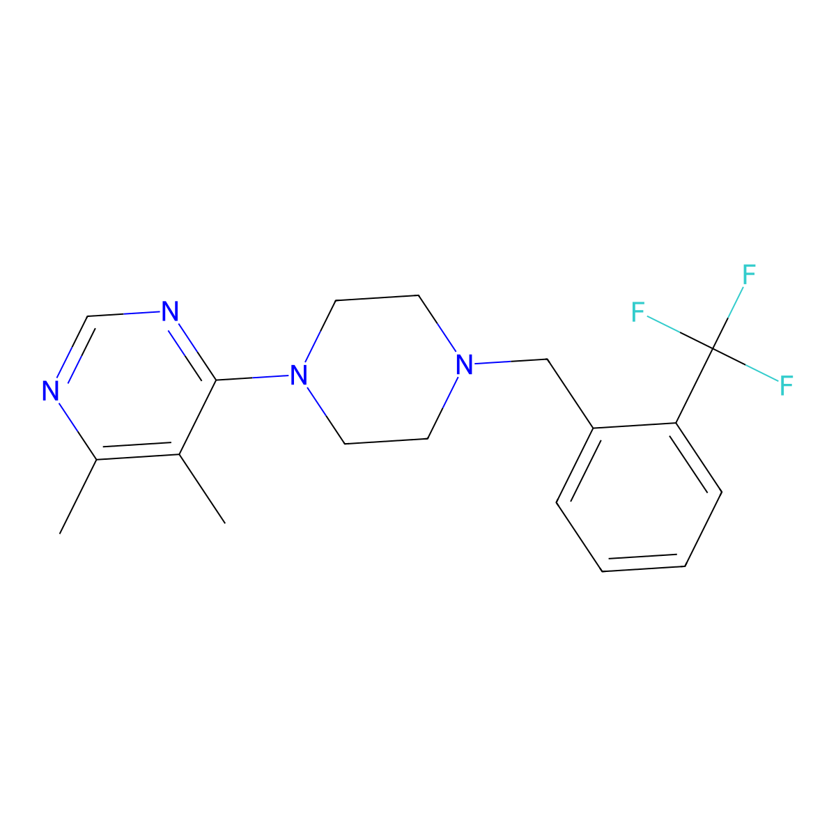 4,5-Dimethyl-6-(4-{[2-(trifluoromethyl)phenyl]methyl}piperazin-1-yl)pyrimidine molecular structure, CAS 2770589-09-6